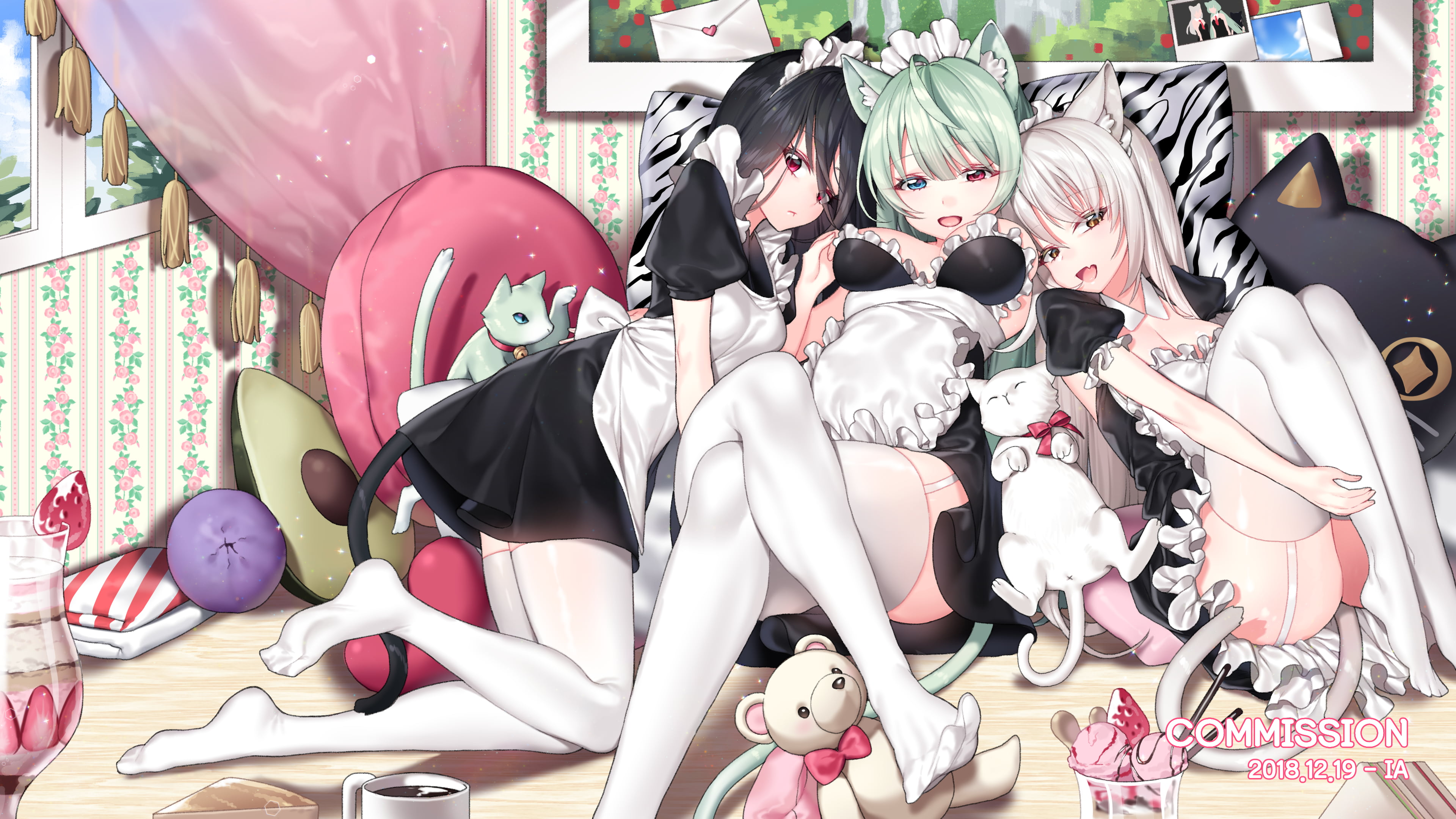 maid outfit, lying down, animal ears, in bed, thigh-highs, 4K, cat girl, cleavage, thick thigh, HD Wallpaper