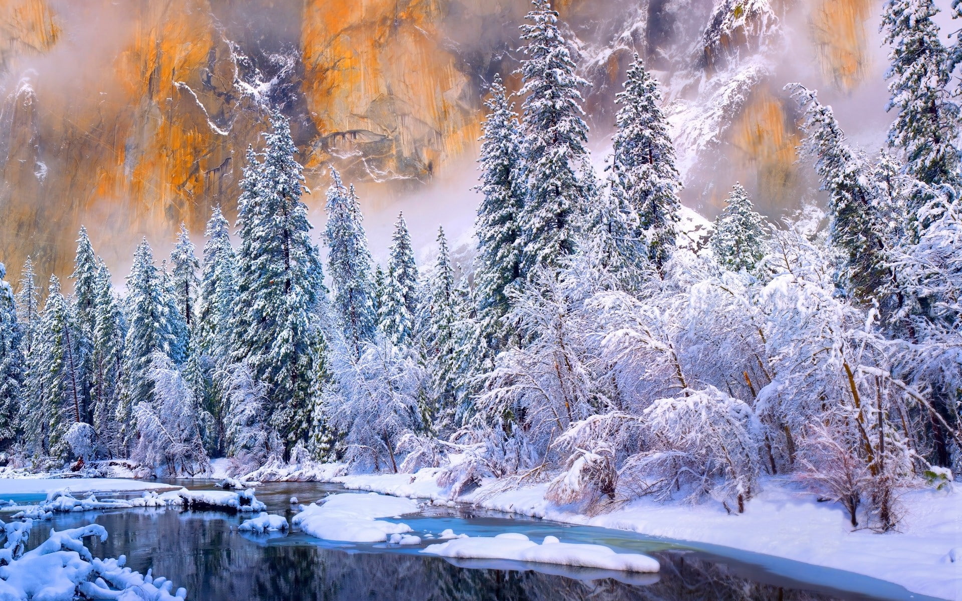 ice, cold, forest, nature, snow, river, landscape, winter, 1080P, white, trees, Yosemite National Park, HD Wallpaper