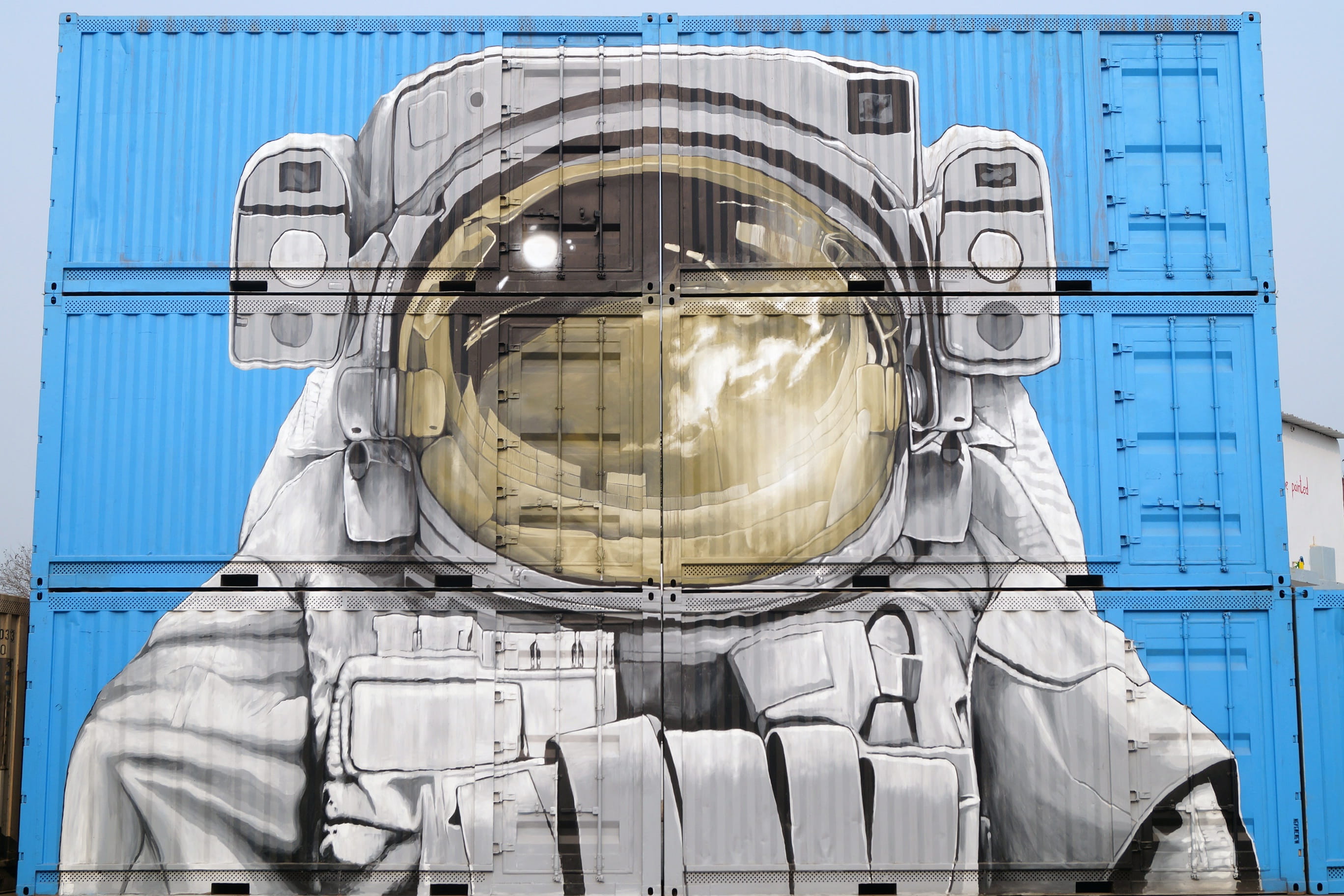 art, headwear, blue, built structure, architecture, building exterior, clothing, transparent, semi-trailers, helmet, graffiti, trailers, day, artistic, HD Wallpaper