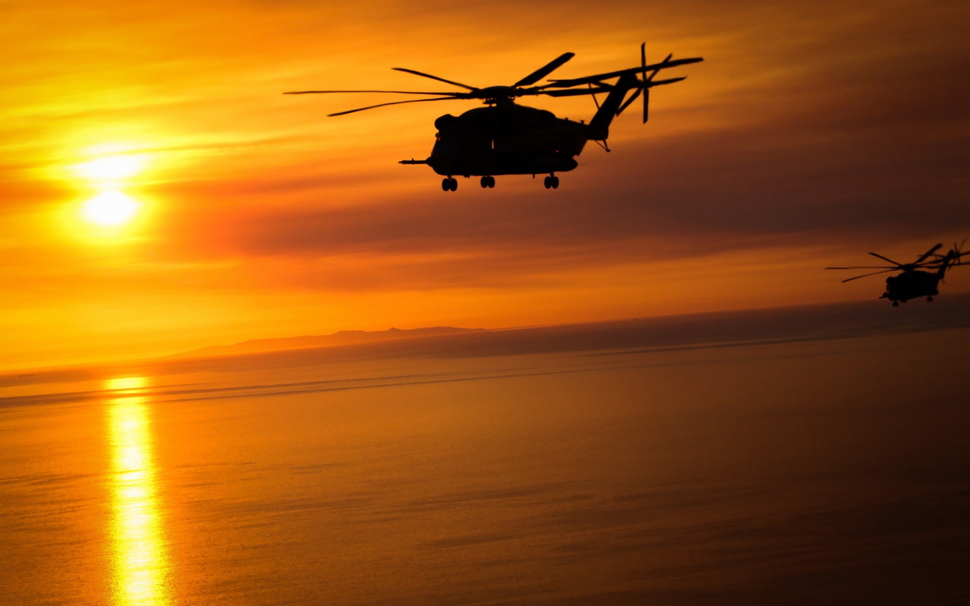 Flying, Red, Helicopters, Sunset, Sky, 1080P, HD Wallpaper