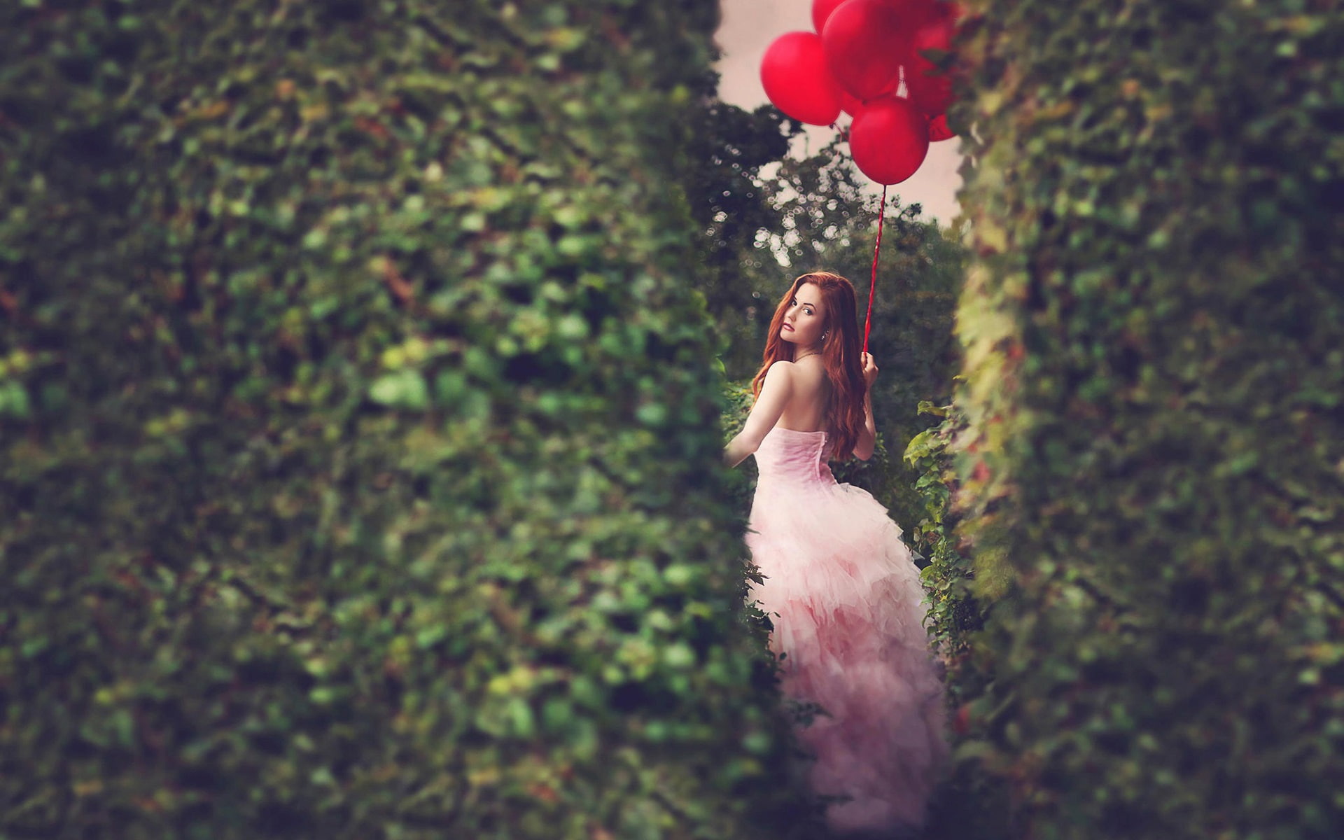Girl, Balloons, Red, 1080P, HD Wallpaper