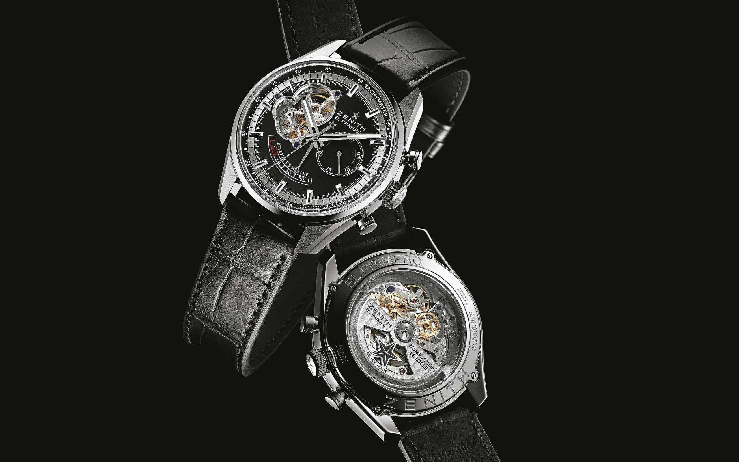 copy space, accuracy, watches, high angle view, primero, brand, wristwatch, close-up, black background, colored, time, zenith, advertisin, silver colored, HD Wallpaper