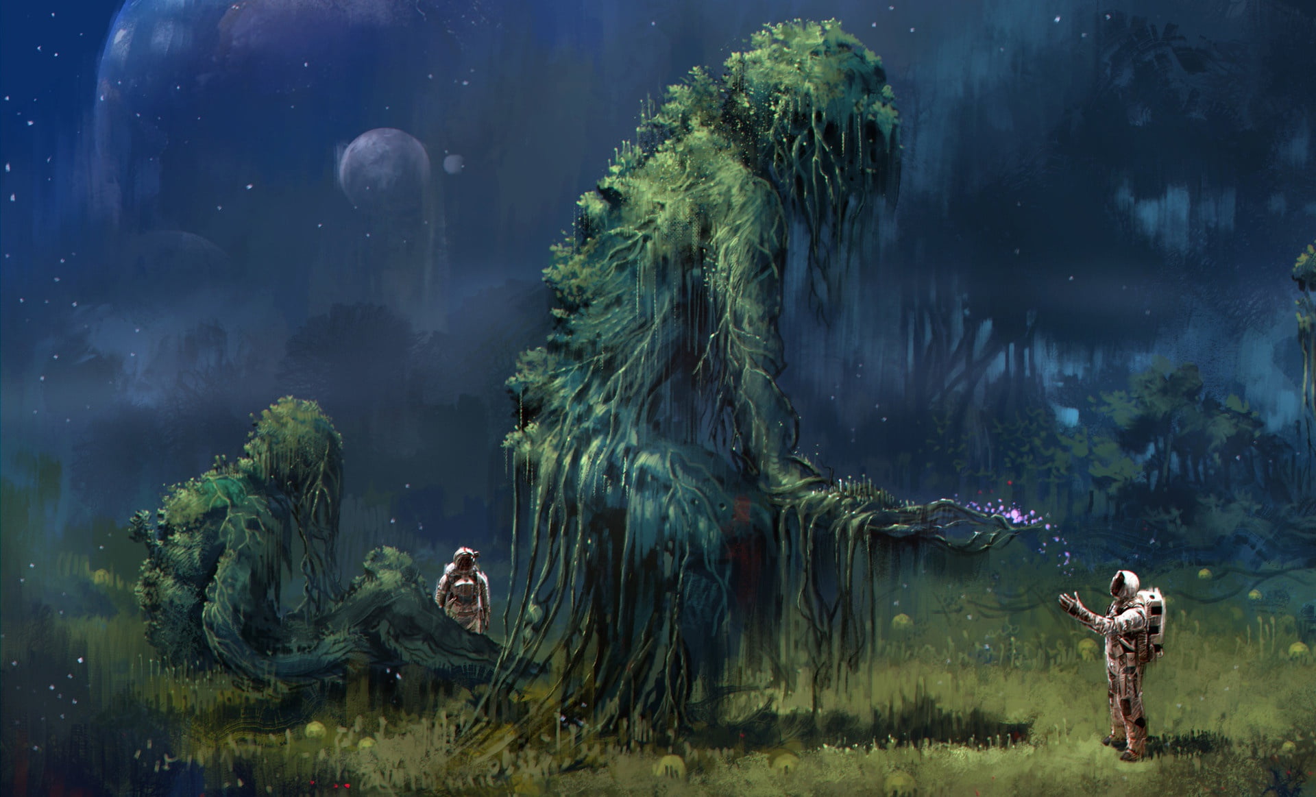 plants, 1080P, illustration, fantasy, roots, artwork, creatures, Astronauts, spacesuit, fantasy art, branch, space, trees, planet, HD Wallpaper