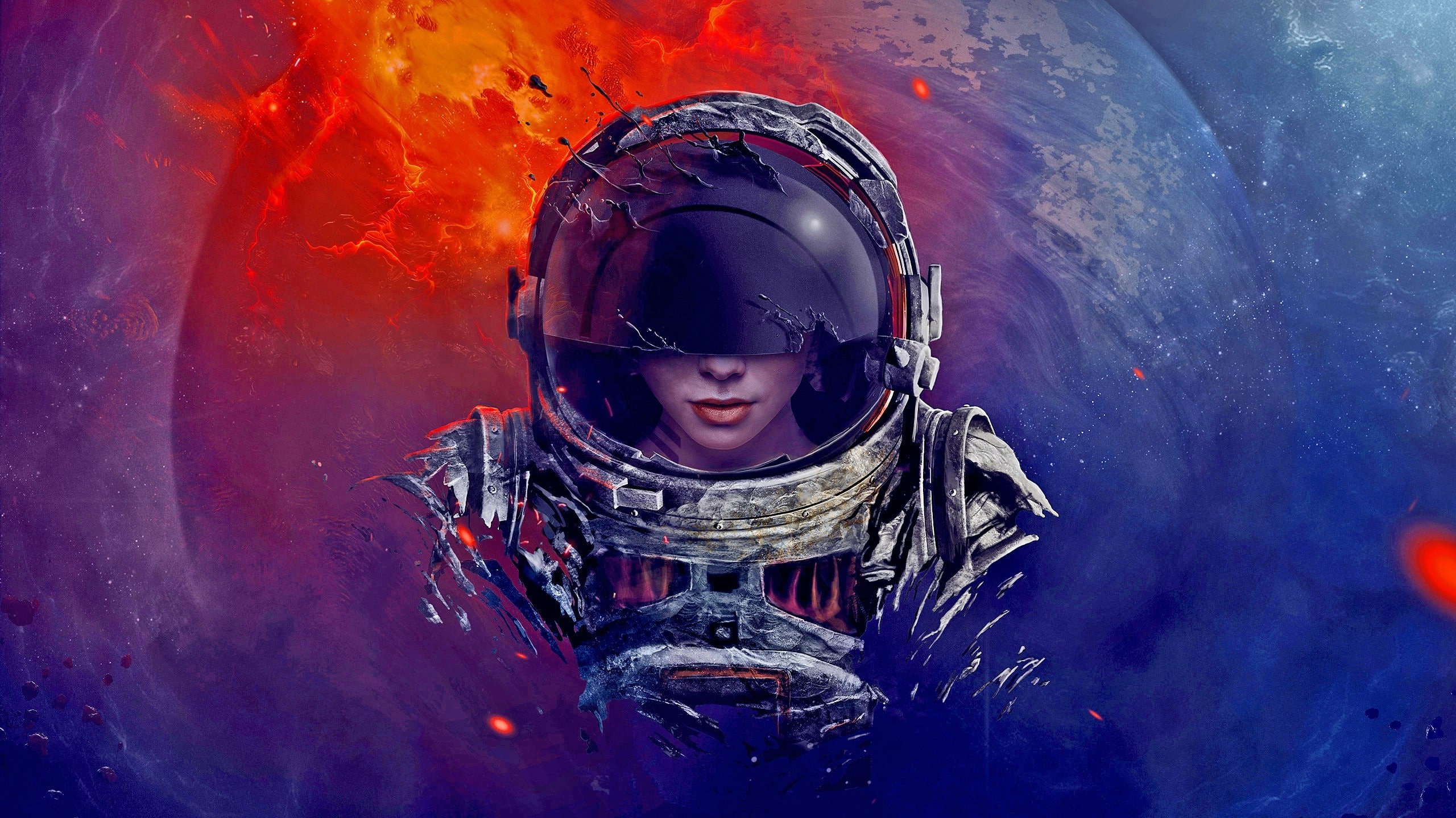 protection, headshot, outdoors, rock, artwork, planet, underwater diving, lifestyles, swimming, underwater, looking at camera, helmet, galaxy, 2K, fire, HD Wallpaper