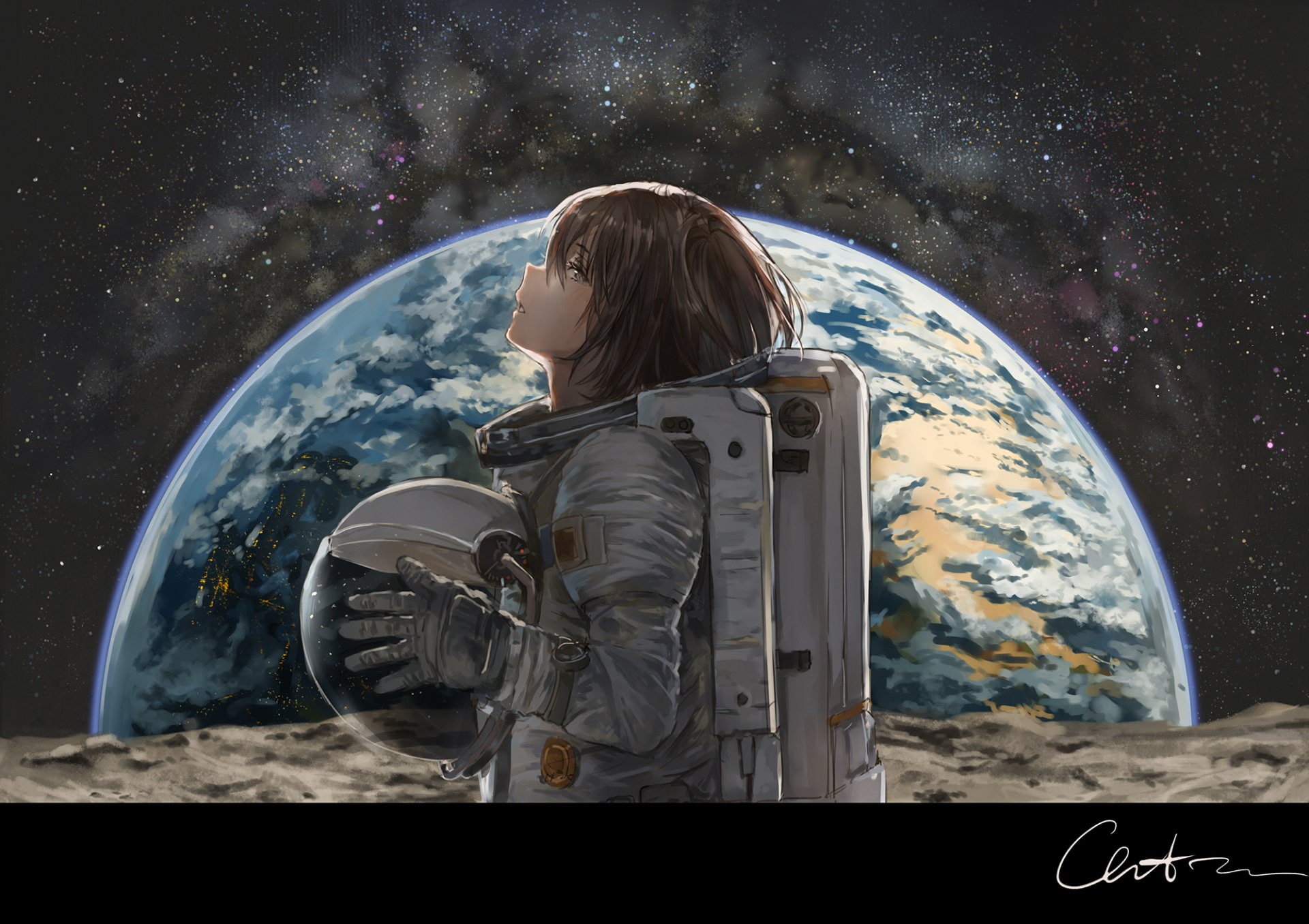 Original, Spacesuit, Space, White Eyes, Earth, Brown Hair, Girl, 1080P, Short Hair, Anime, HD Wallpaper
