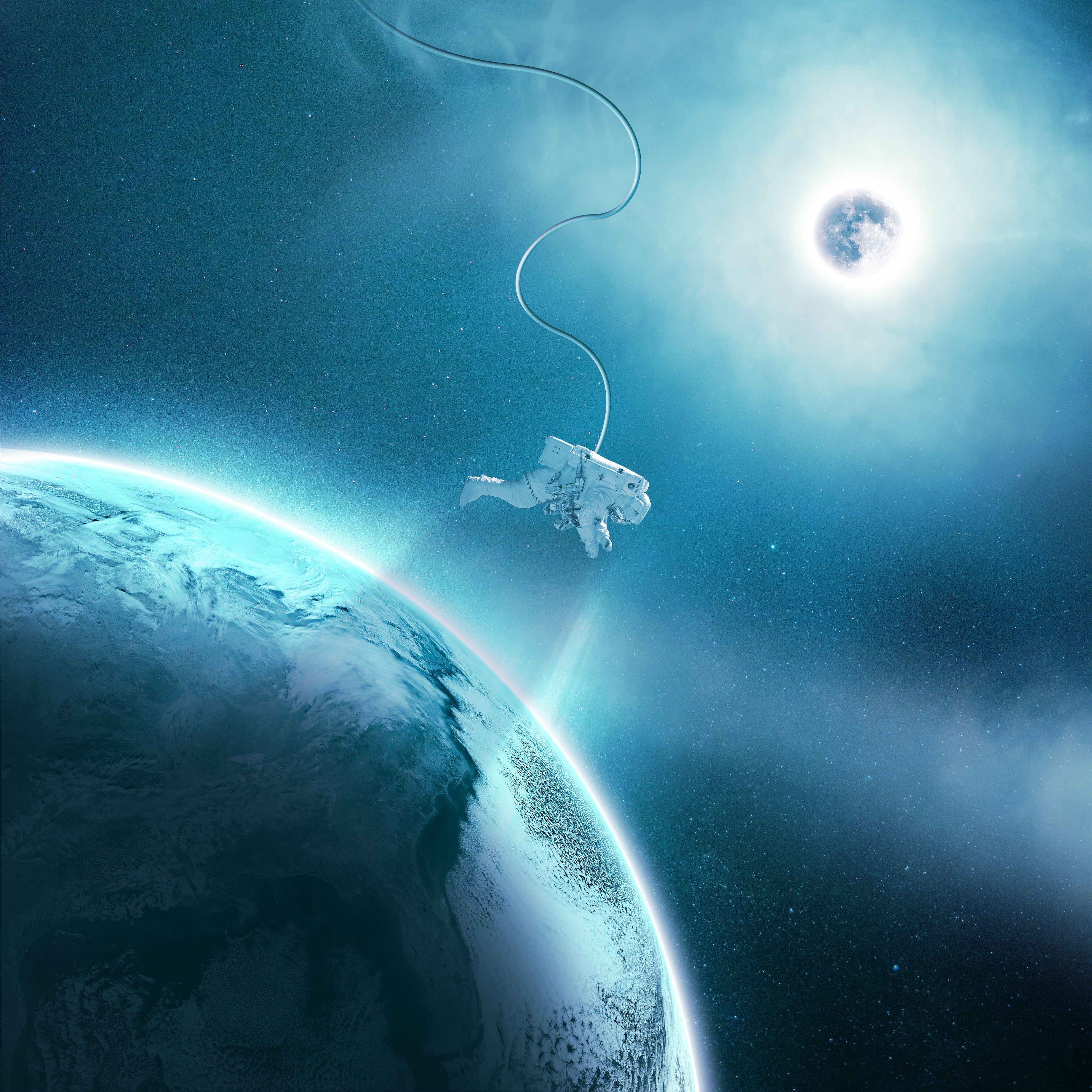 three dimensional, sphere, 2K, digital composite, lens flare, spacesuit, futuristic, gravity, technology, stratosphere, cloud - sky, night, exploration, Phone HD Wallpaper