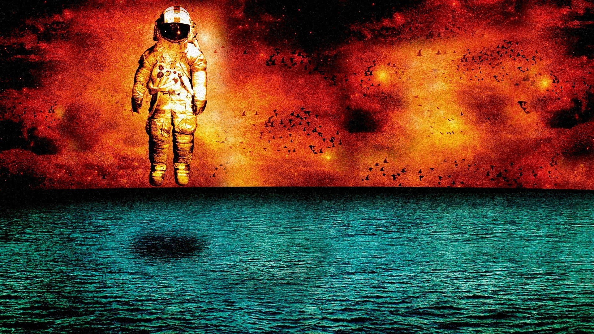 sky, waterfront, digital art astronauts astronaut spacesuit helmet universe space fire water sea birds flying shadow horizon, sea, night, scenics - nature, HD Wallpaper