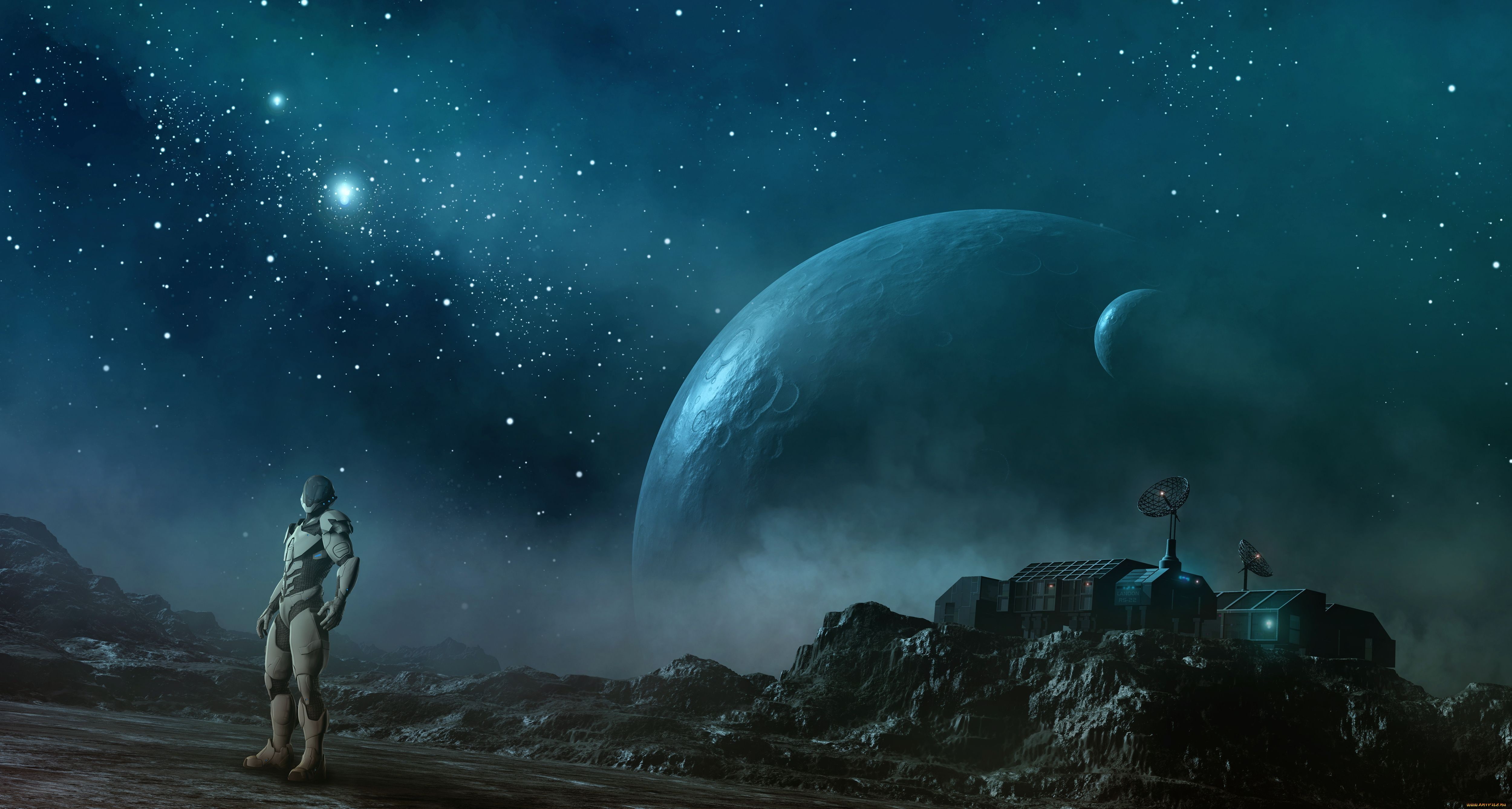 stars, rock, fantasy art, planet, 4K, astronaut, spacesuit, satellite, digital art, futuristic, HD Wallpaper