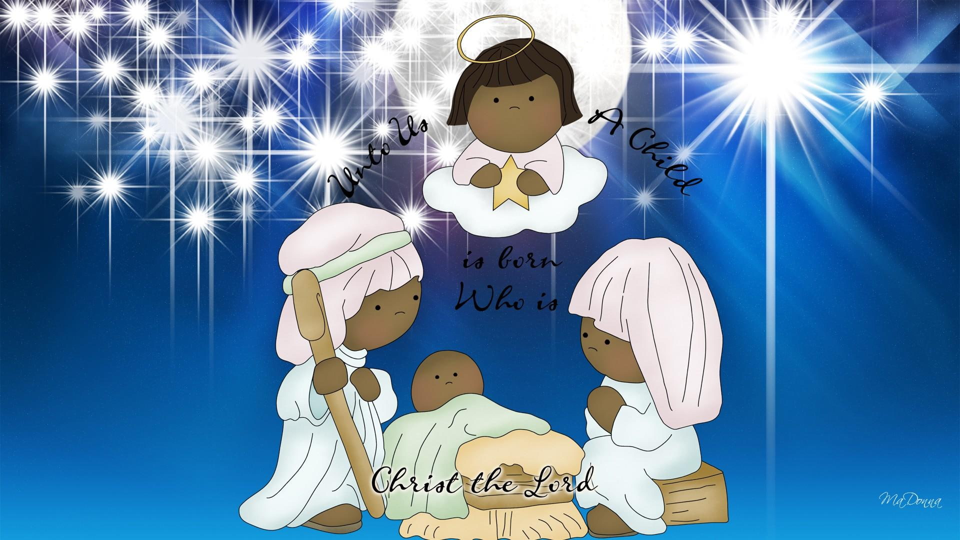 1080P, born, blue, religious, unto, child, nativity, jose, stars, us, christmas, feliz navidad, bright, firefox persona, HD Wallpaper