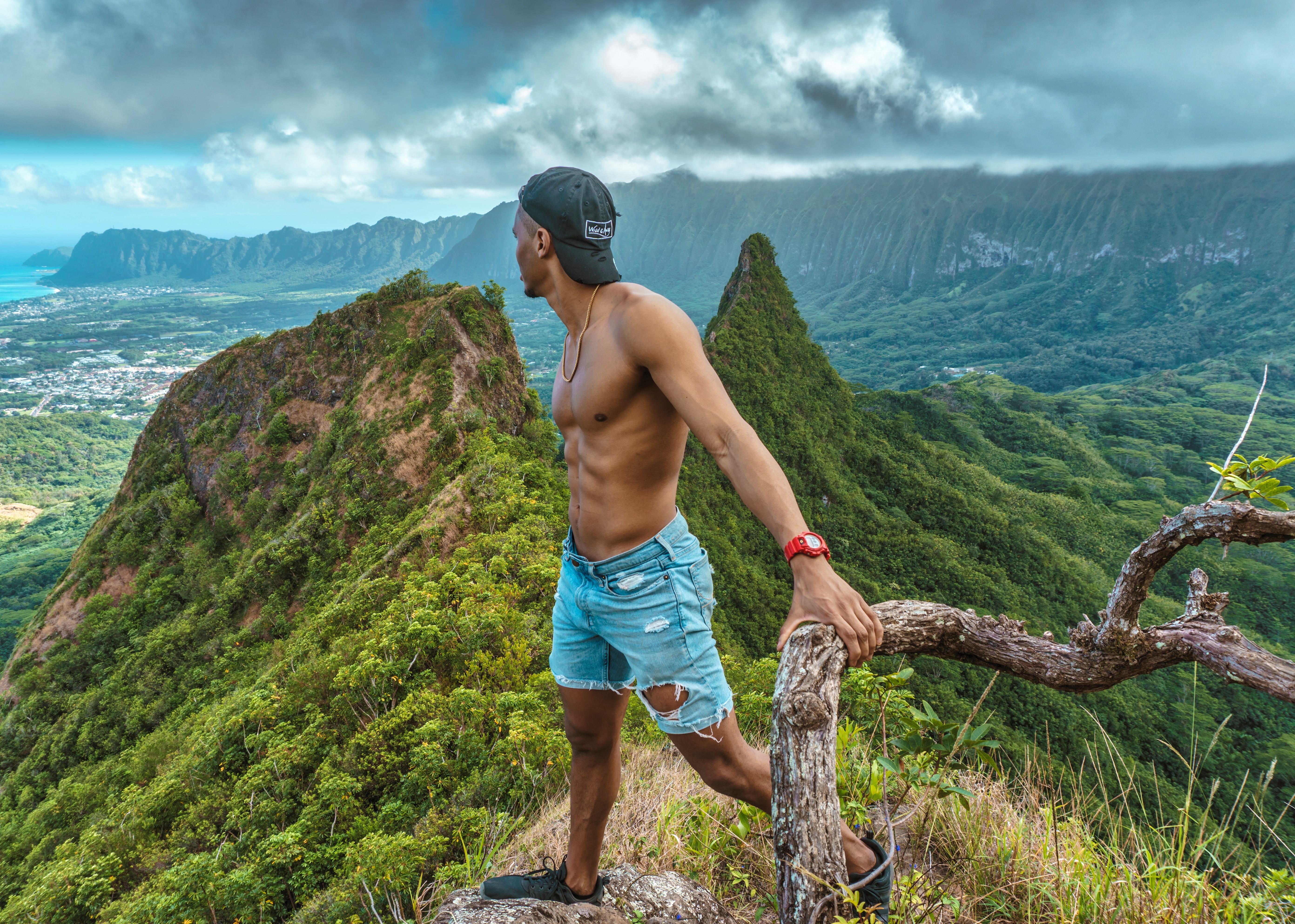 man, outdoors, tree, abs, one person, cloud - sky, unto, hike, 5K, holding, water, nature, land, young adult, top, shorts, lifestyles, men, leisure activity, HD Wallpaper