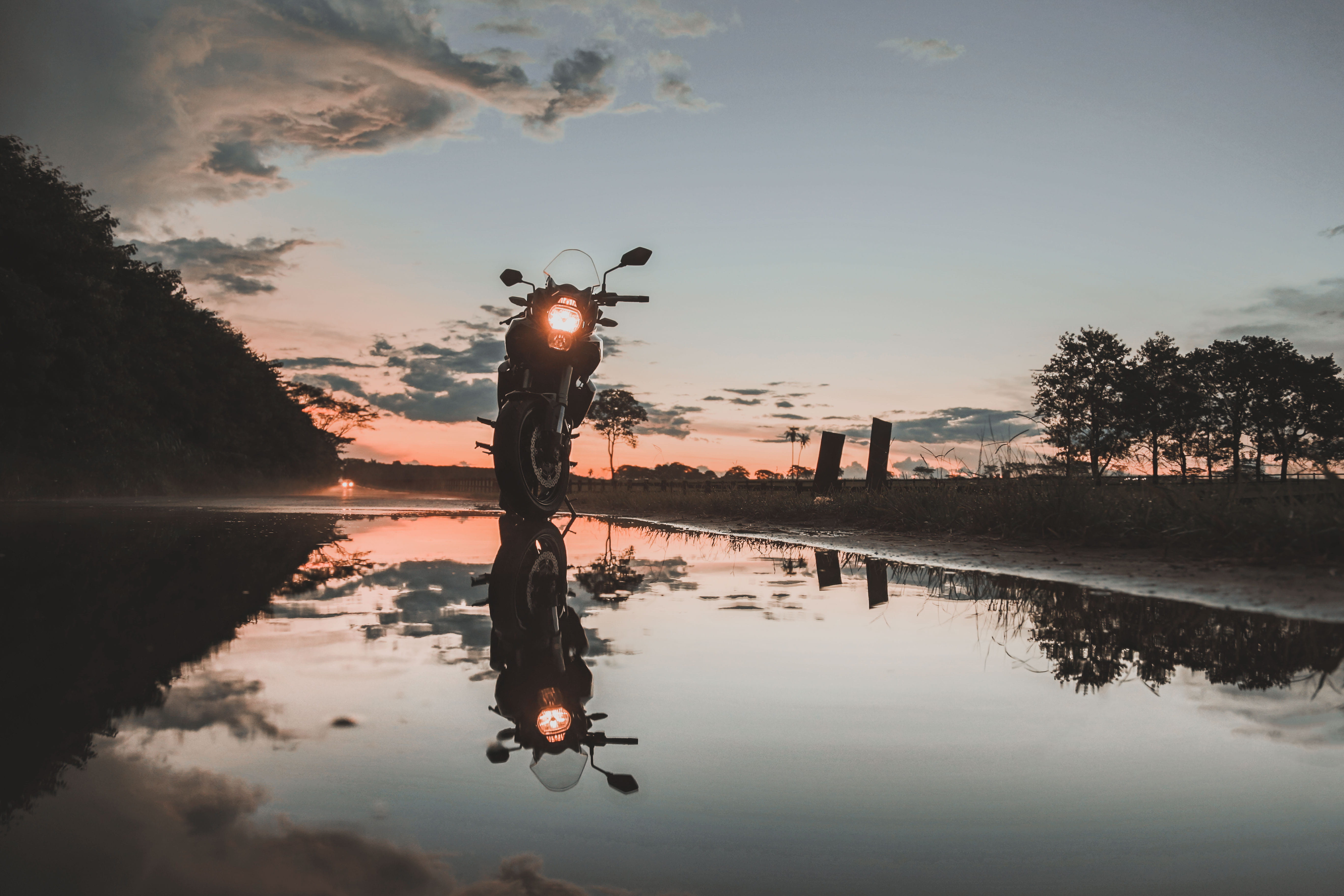 low, black, water, bike, reflection, sculpture, sky, no people, road, outdoors, motorcycle, tranquility, tranquil scene, motorbike, plant, tree, puddle, HD Wallpaper