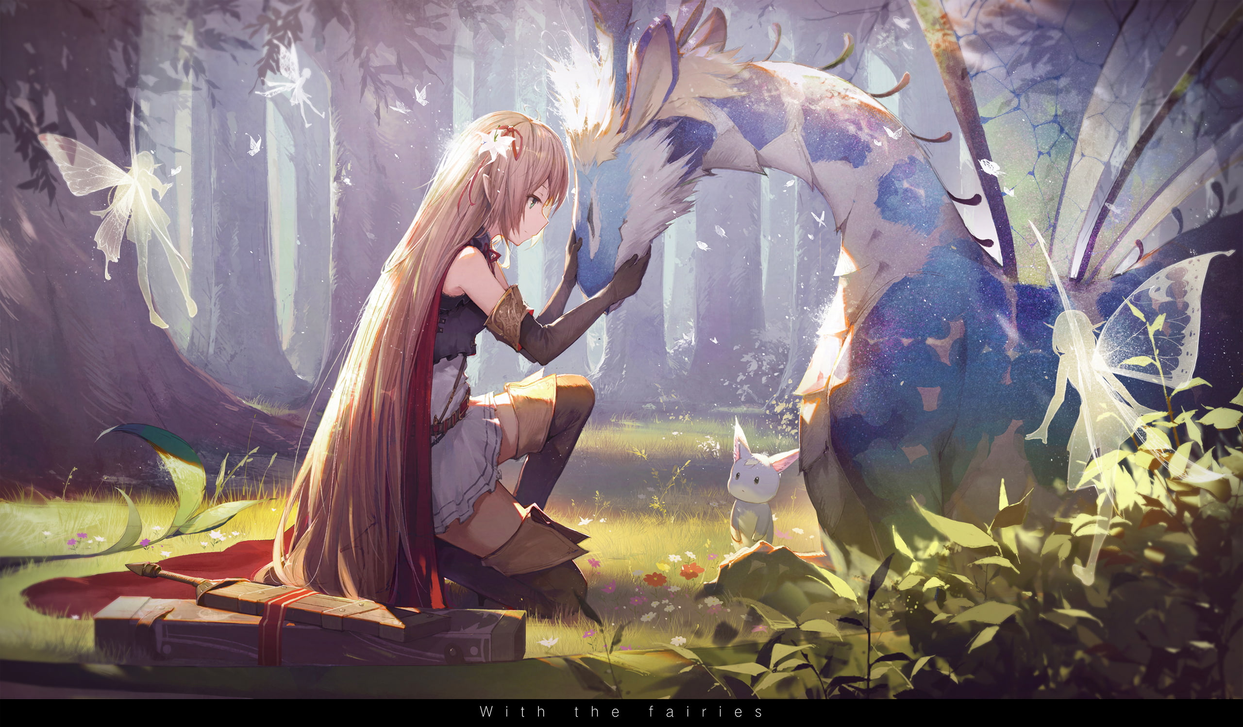 gloves, animal, wings, tree, shadowverse, eyes, com, dress, fairy, blonde, weapon, 2K, elbow, 252882, konachan, long, sword, pointed, green, hair, cape, HD Wallpaper