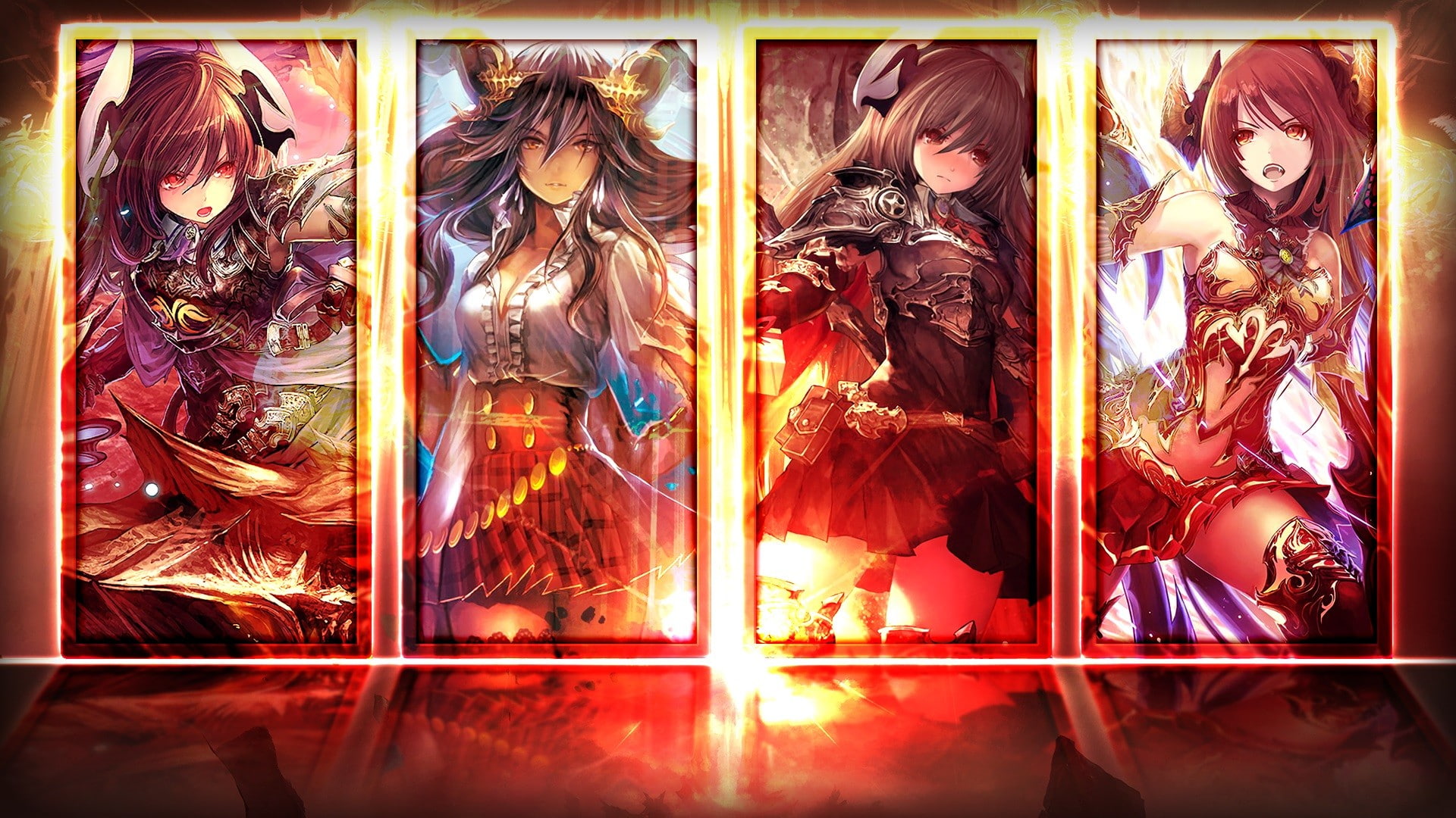 red, collage, red skirt, open mouth, 1080P, anime girls, armor, dress, anime, detached sleeves, skirt, long hair, red eyes, short skirt, brunette, Shadowverse, HD Wallpaper