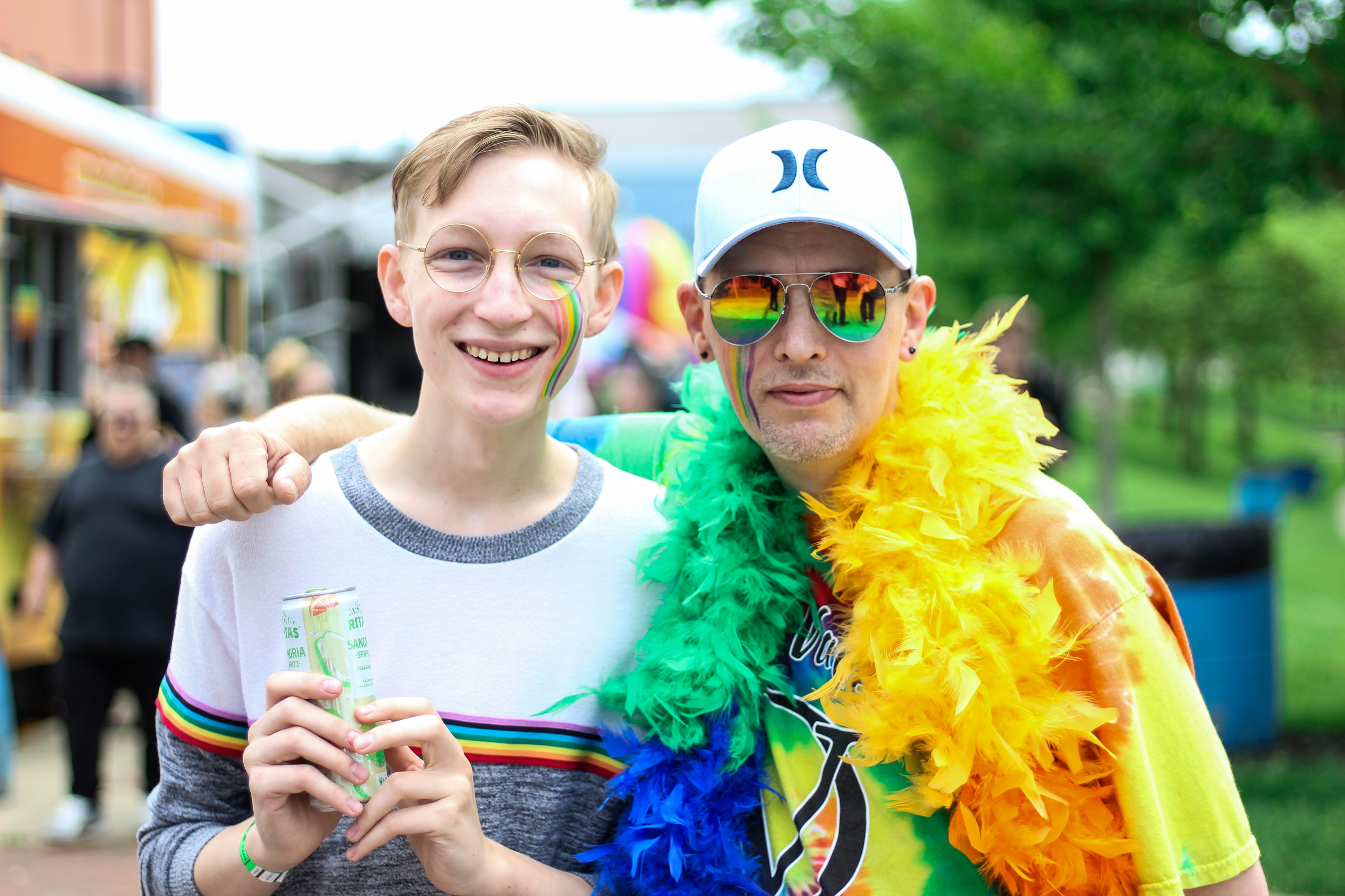 parade, photo, front view, colorful, posing, outdoors, together, PrideFestival, bright, party, colors, two people, celebration, multicolor, togetherness, HD Wallpaper
