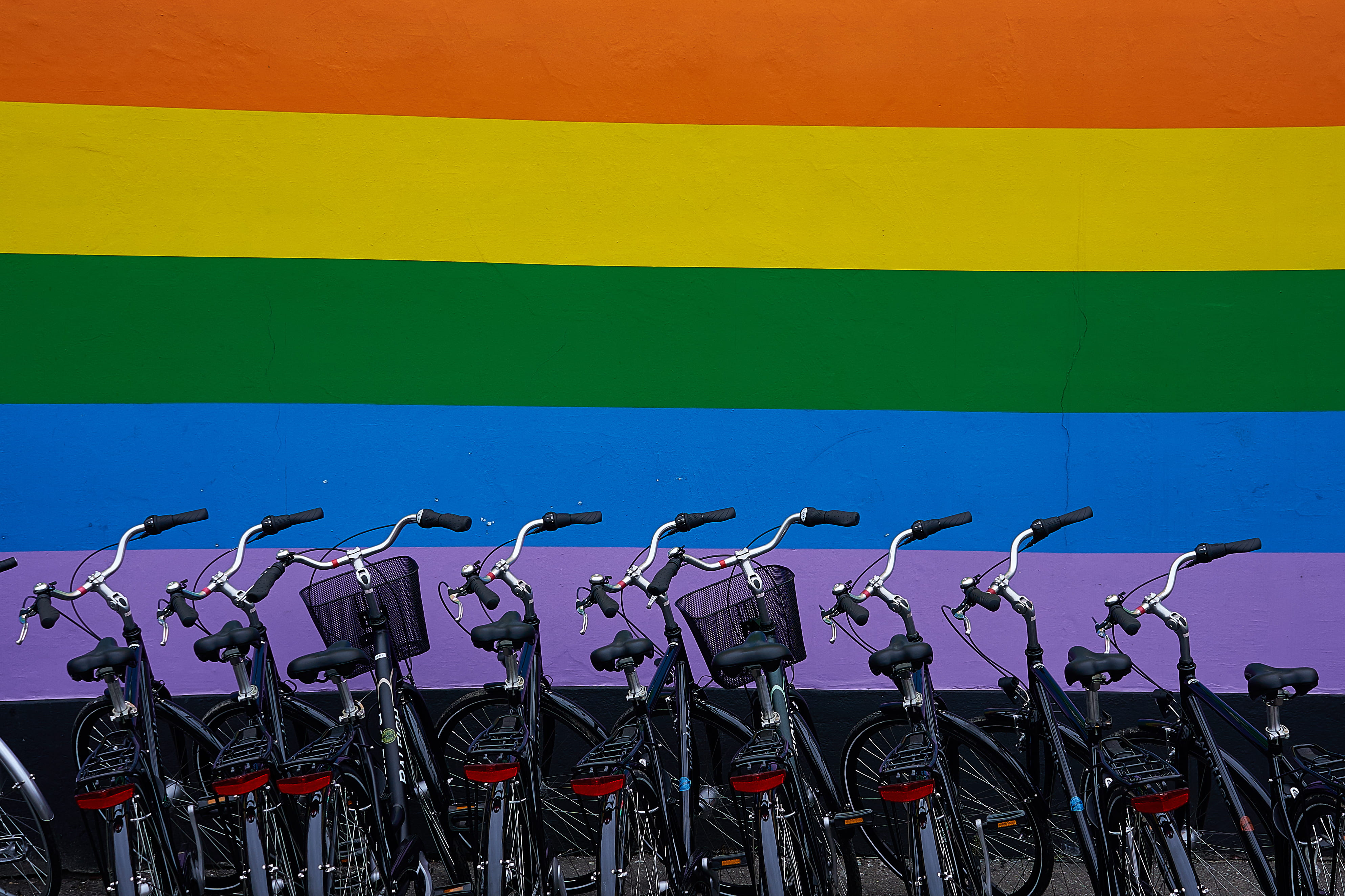 art and craft, 4K, pattern, lgbt, multicolored, architecture, repetitive, near, hanging, side by side, nature, wall, no people, flag, overlay, bikes, front, HD Wallpaper
