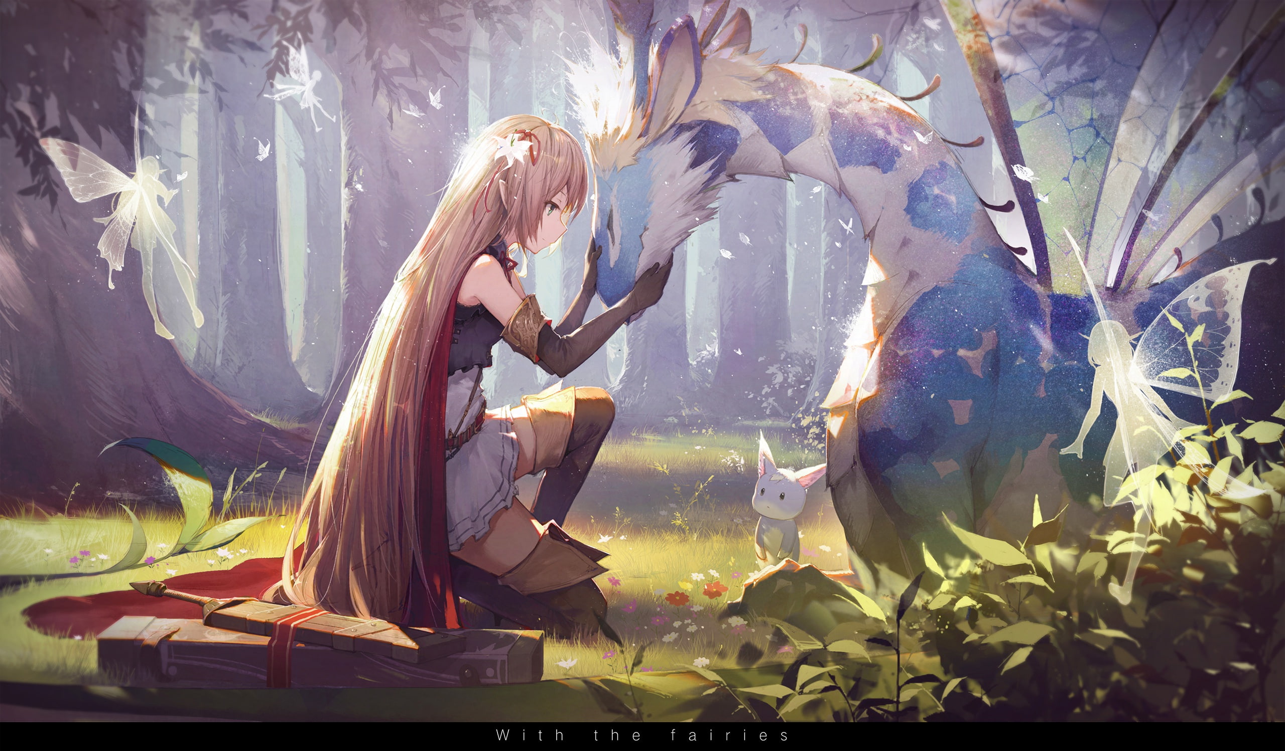 warrior, girl, forest, weapons, arisa, wings, fairies, magic, anime, 2K, nature, art, trees, animals, shadowverse, kieed, HD Wallpaper