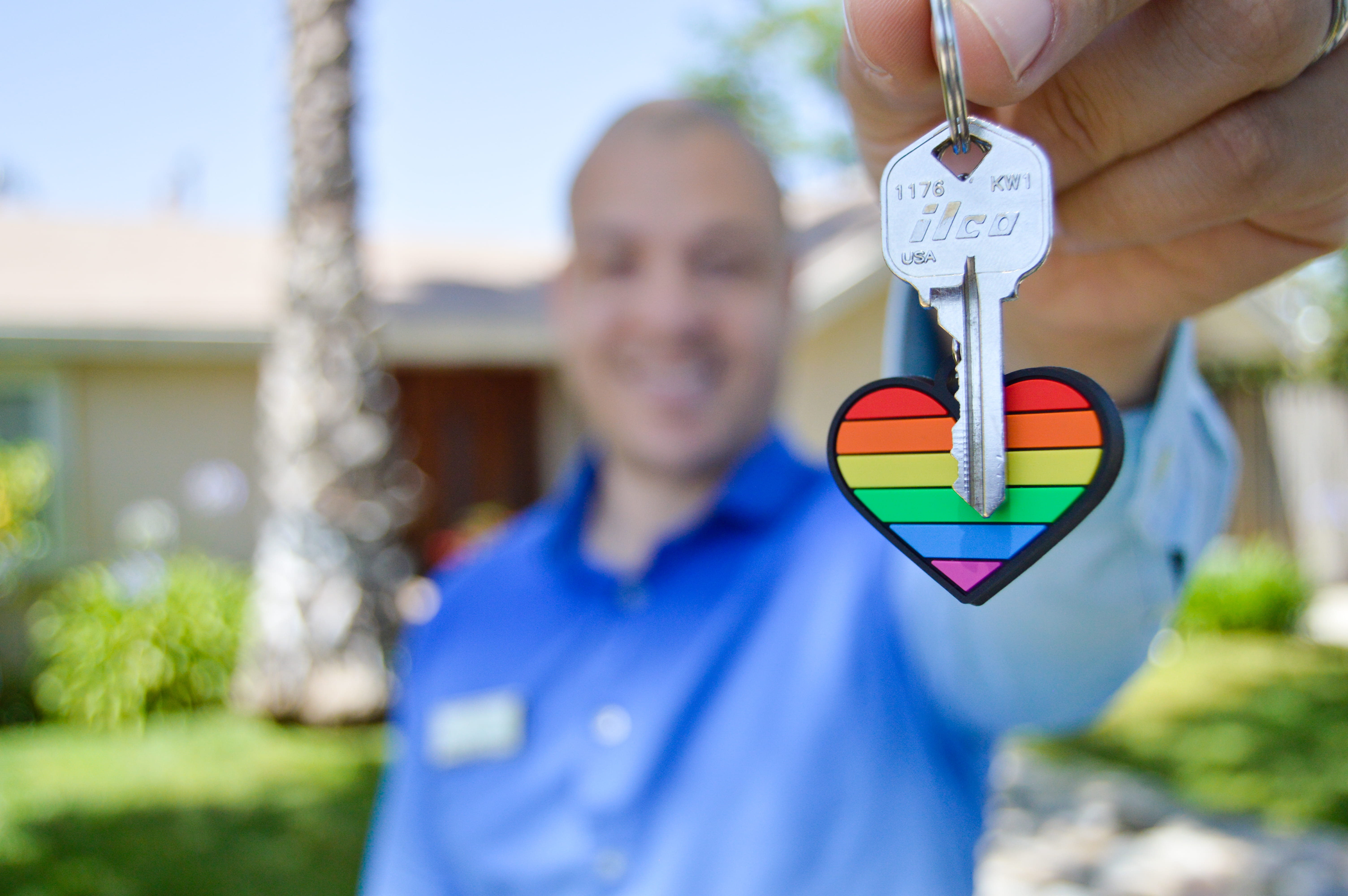 architecture, males, sleeve, focus on foreground, rainbow heart keychain, clothing, men, photo, northridge, outdoors, usa, lgbtq, human, gayborhood, l.a., HD Wallpaper