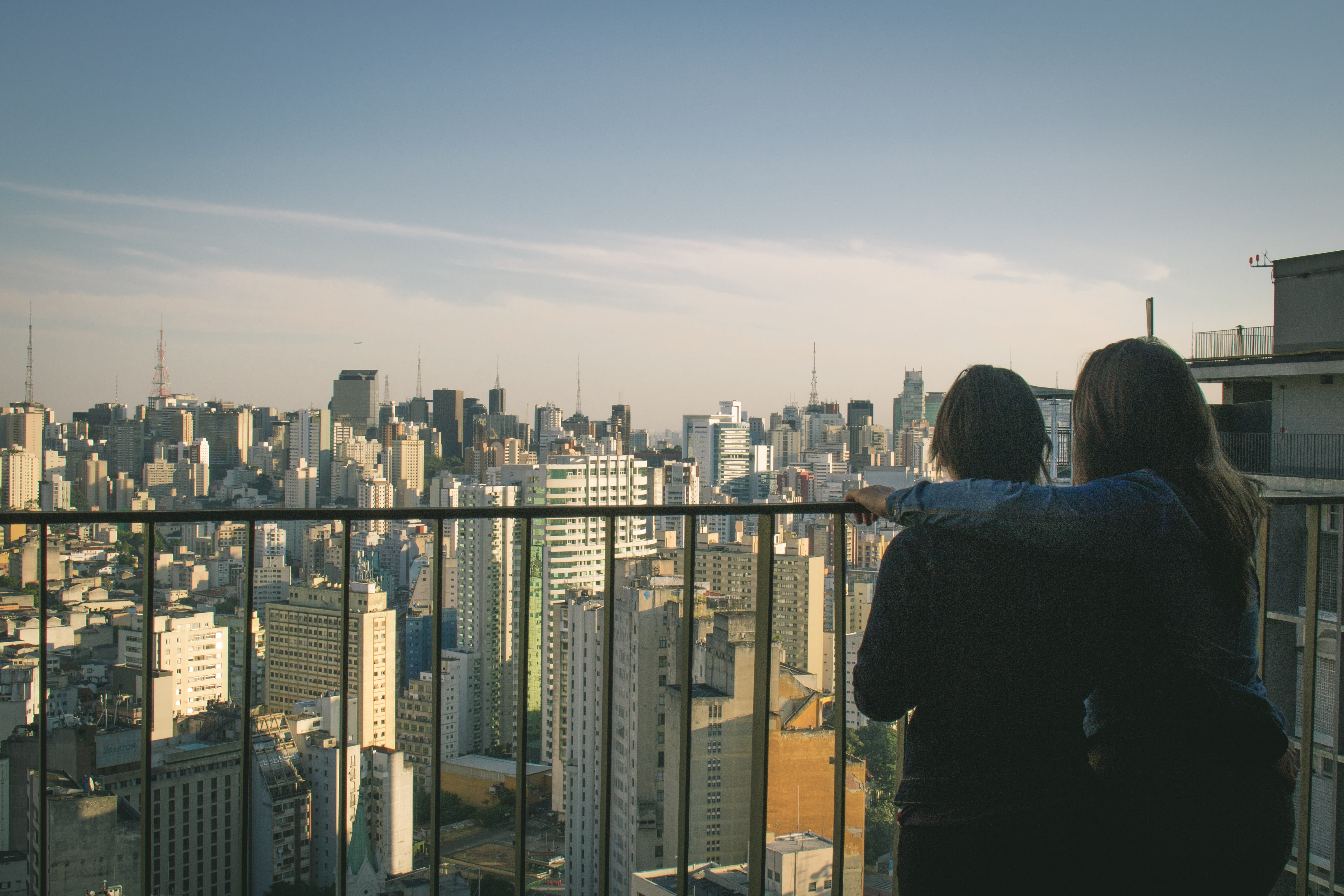 woman, couple, landscape, colorful, daylight, looking at view, lgbtq, modern, people, skyscrapers, outdoors, adult, sky, togetherness, office building exterior, HD Wallpaper