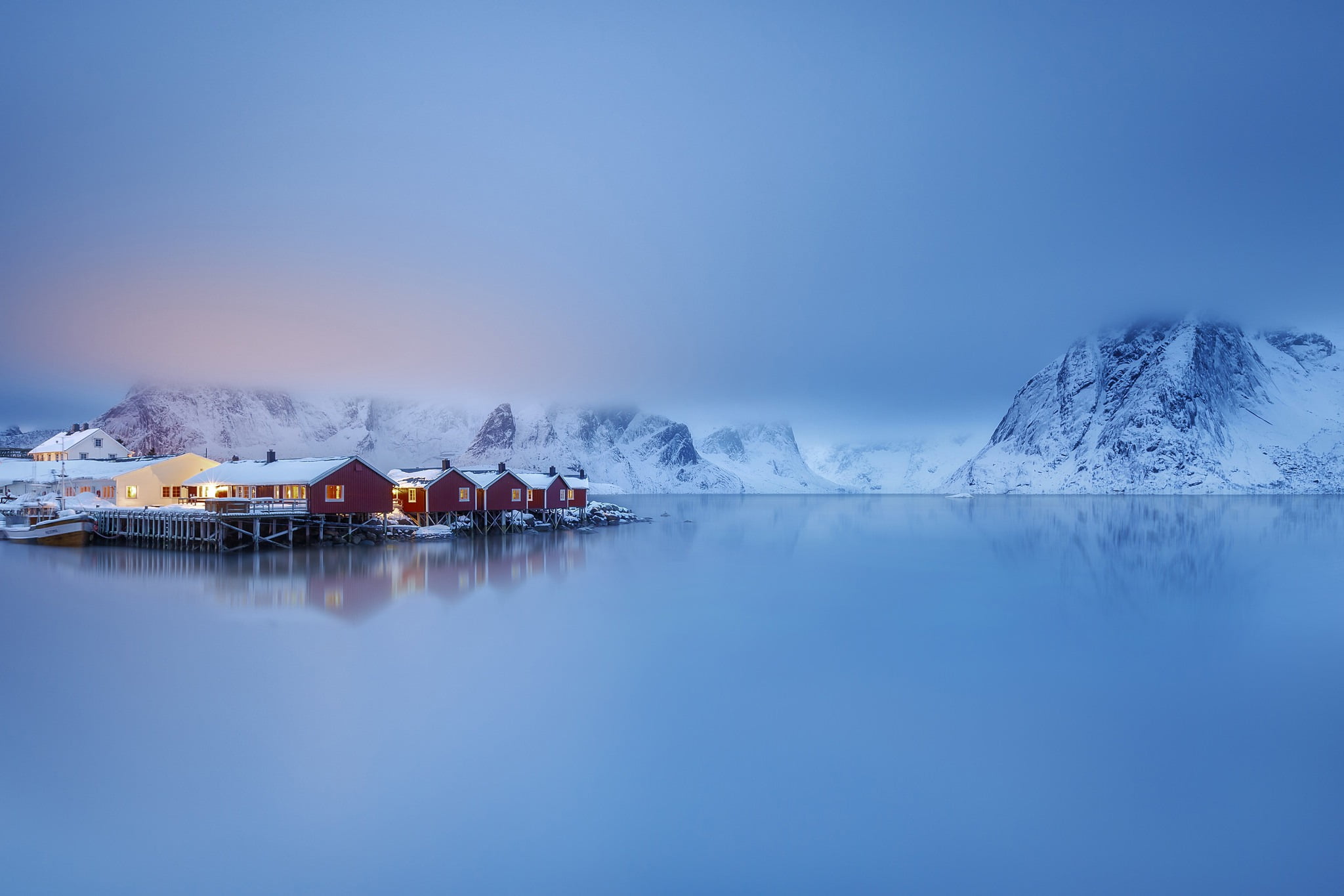 Lofoten, no people, winter, 1080P, reflection, house, idyllic, the fjord, outdoors, scenics - nature, beauty in nature, Norway, tranquility, waterfront, HD Wallpaper