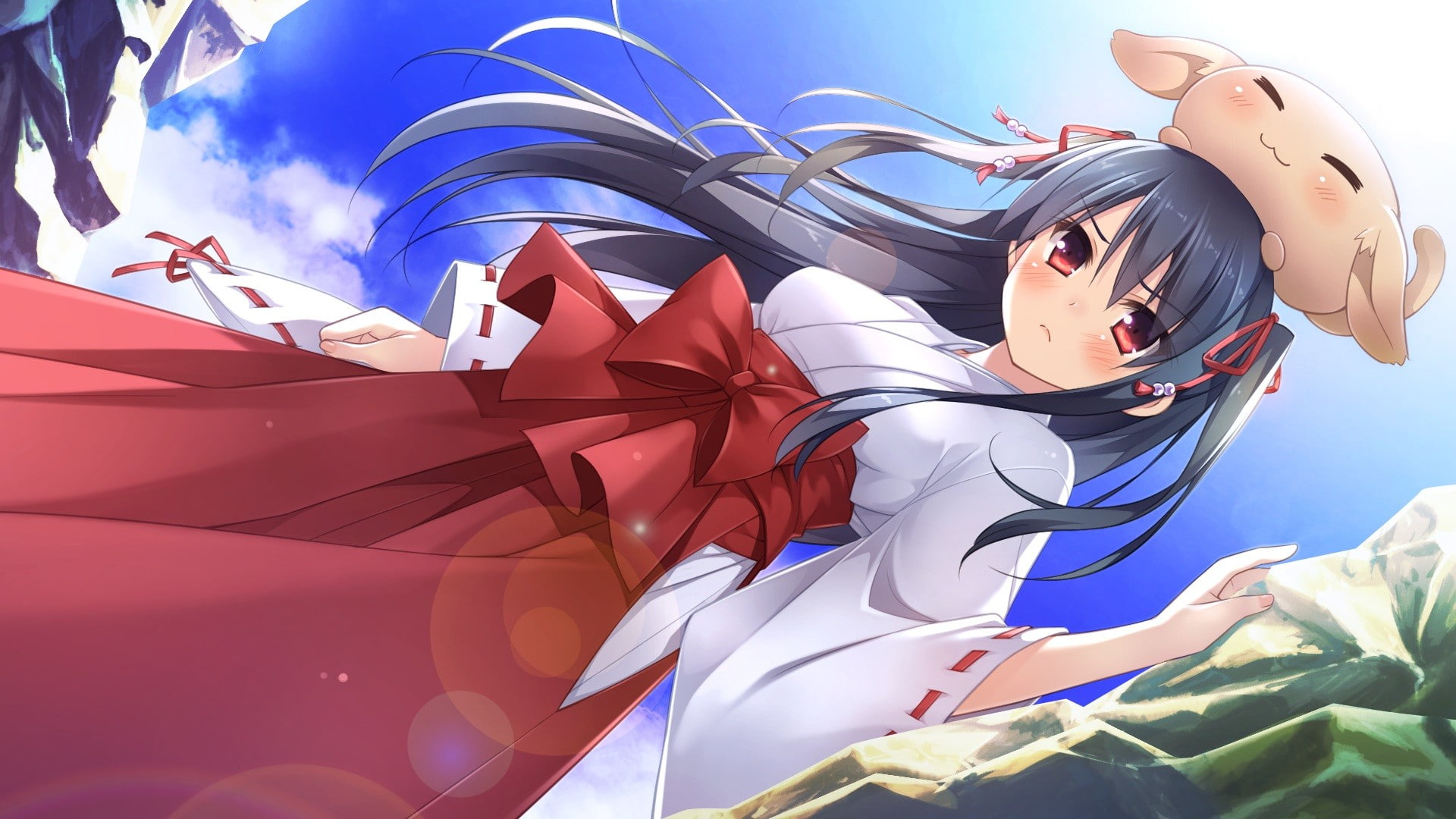 human arm, miko, sunlight, shrine maidens, one person, sky, young adult, Amakoi Syrups, Kusaka Hozumi, inflatable, lifestyles, red eyes, day, 1080P, nature, HD Wallpaper