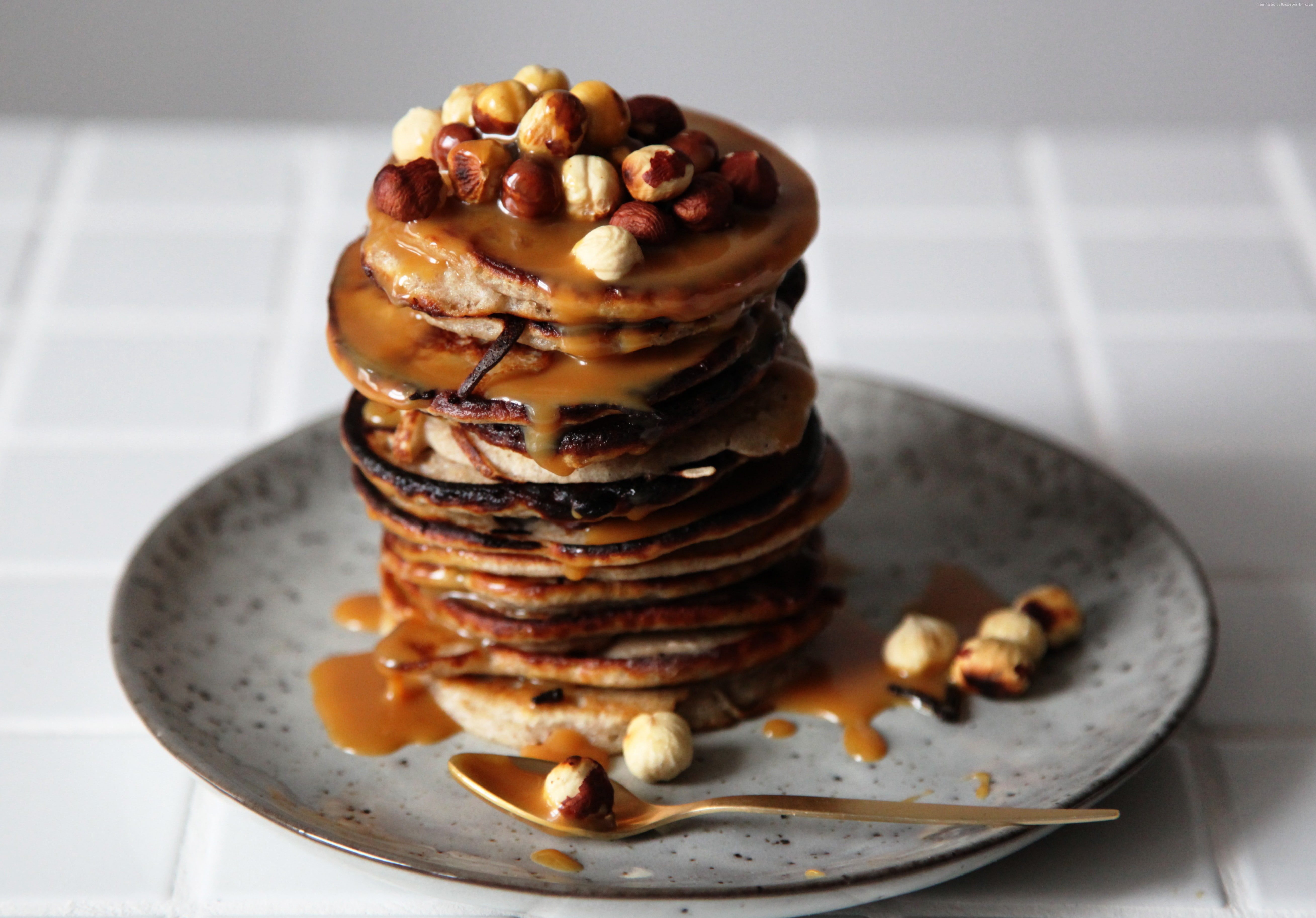 5K, hazelnu, milk, buckwheat, syrup, pancakes, HD Wallpaper