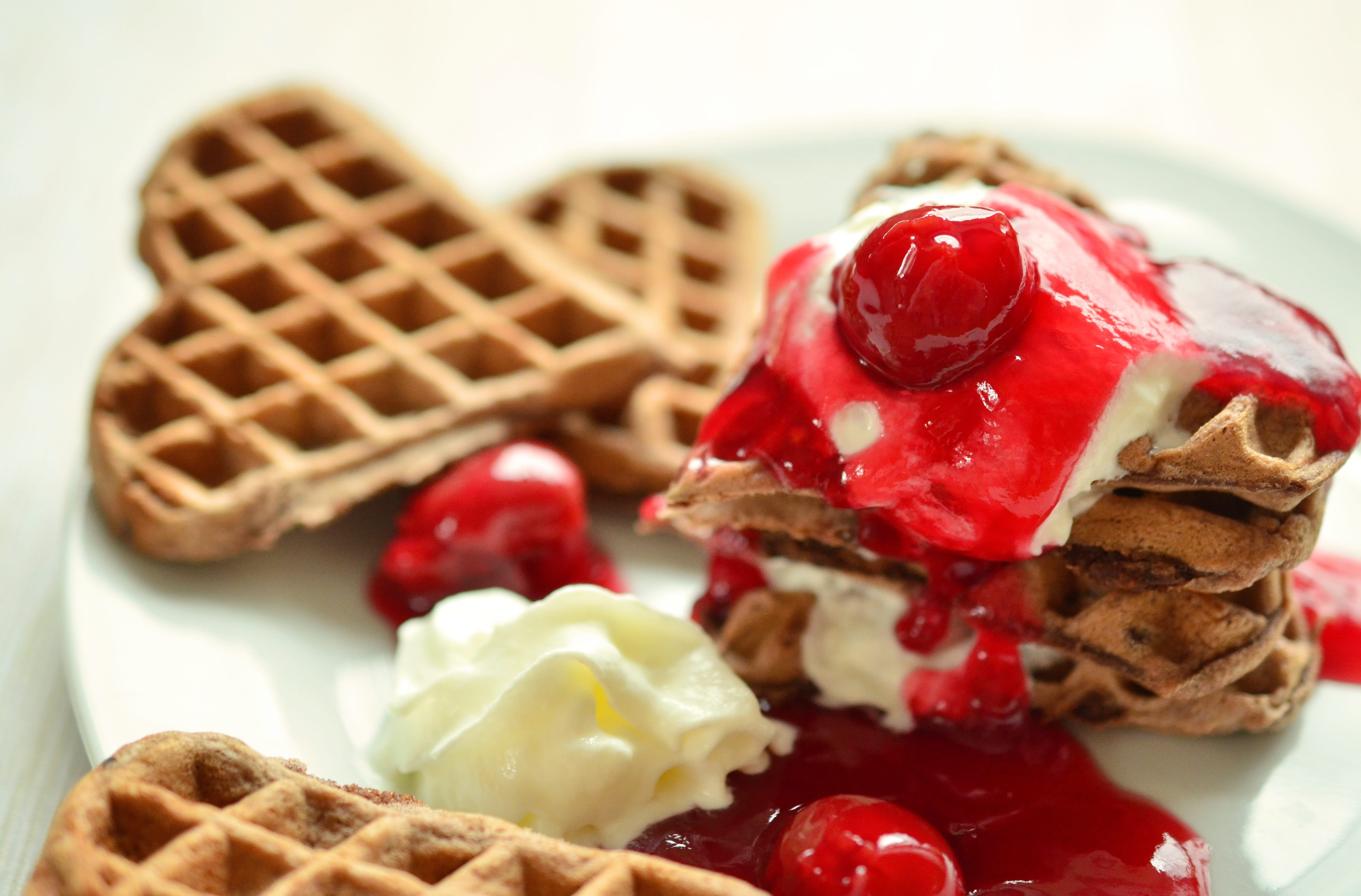 still life, pastries, dairy product, breakfast, waffle heart, delicious, topping, temptation, indoors, snack, chocolate waffles, cake, 4K, baked, indulgence, HD Wallpaper