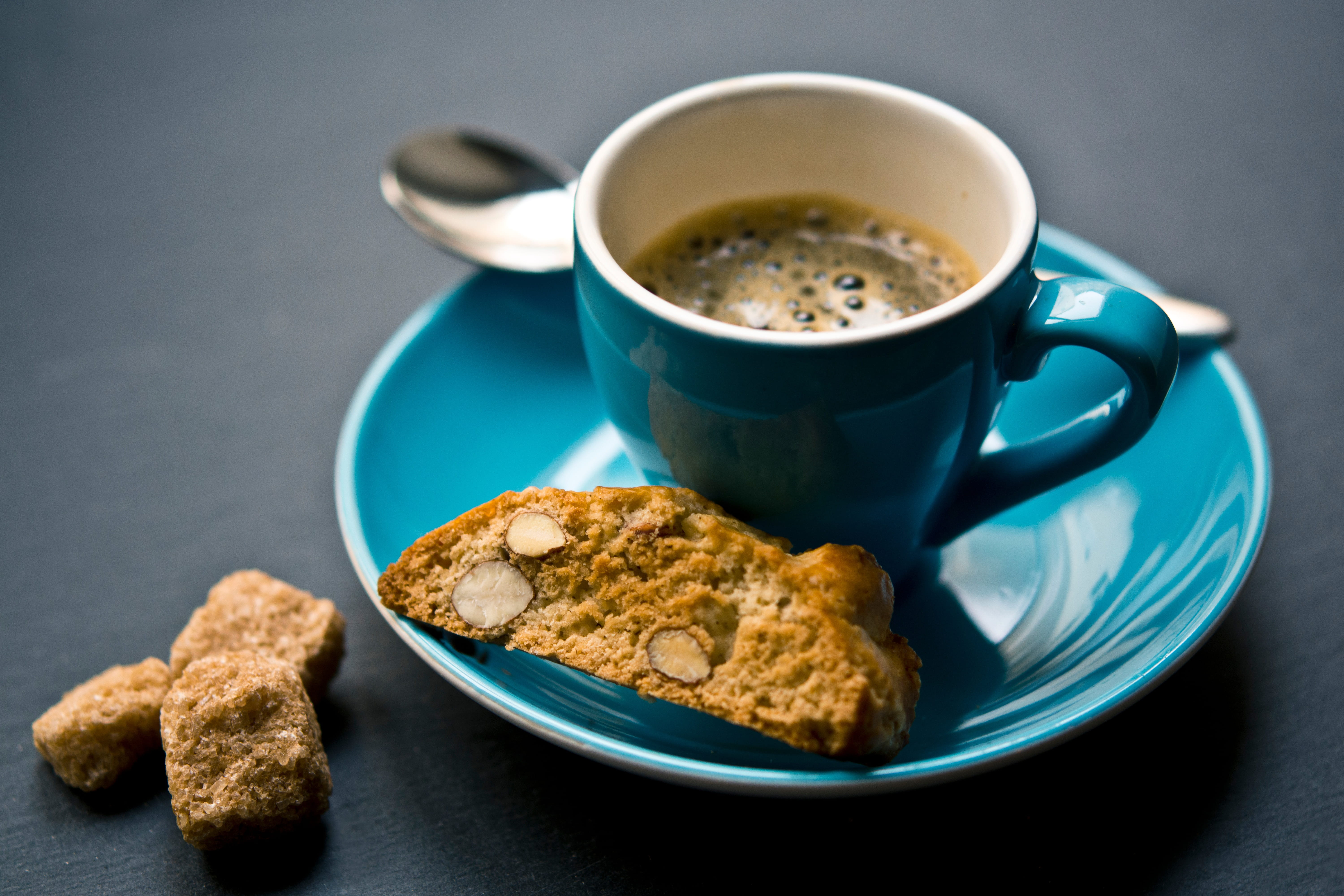 5K, breakfast, espresso, biscotti, refreshment, black background, cup, indoors, drink, tea cup, food and drink, cookie, saucer, chocolate chip cookie, HD Wallpaper