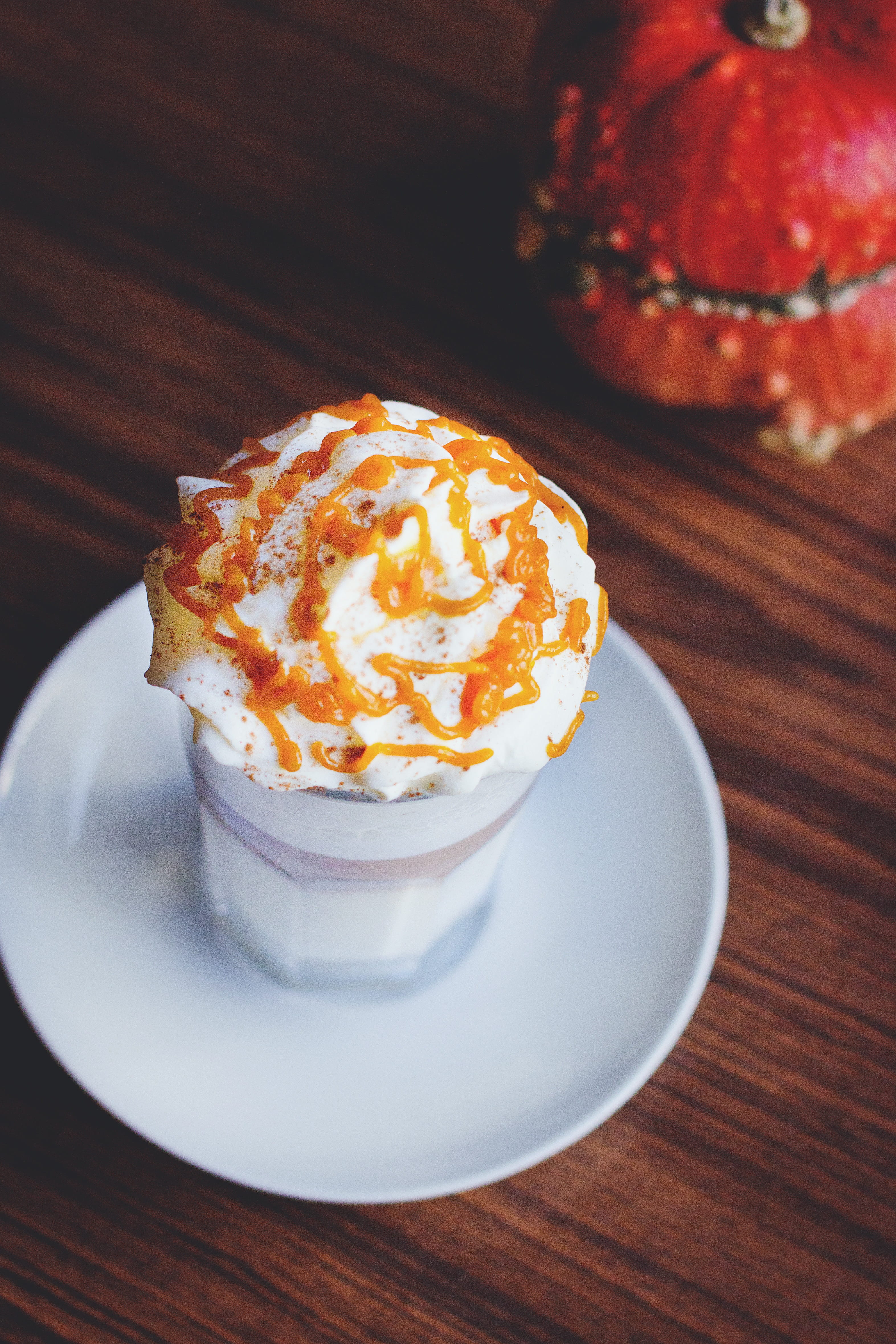 high angle view, temptation, caramel, food, plate, glass, drinks, cream, freshness, sweet, sweet food, table, indulgence, coffee, cake, frappe, pumpkin, Phone HD Wallpaper