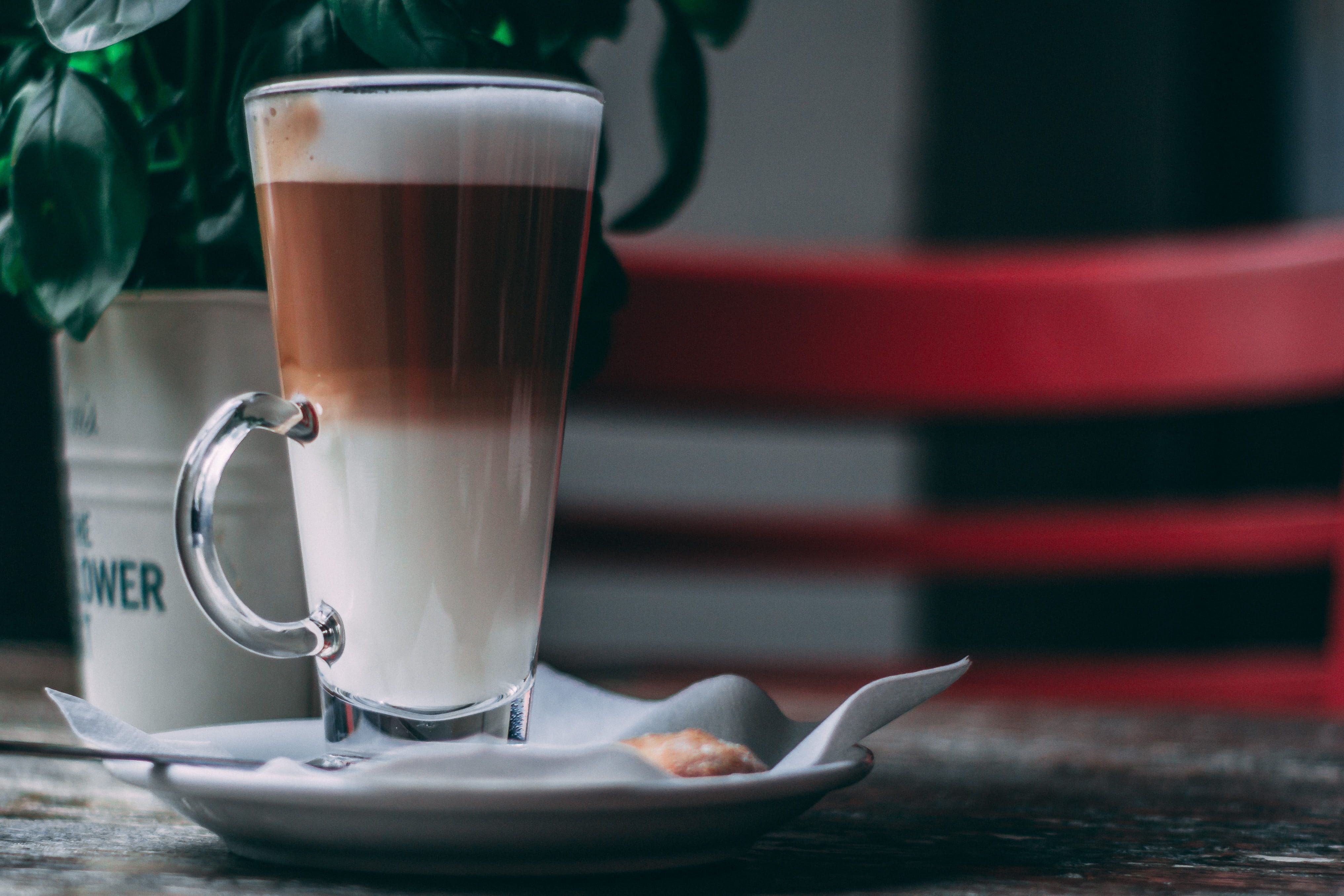 4K, cup, coffee cup, drinking glass, frothy drink, cream, freshness, table napkin, brown, no people, refreshment, latte, milk, blurred background, still life, HD Wallpaper