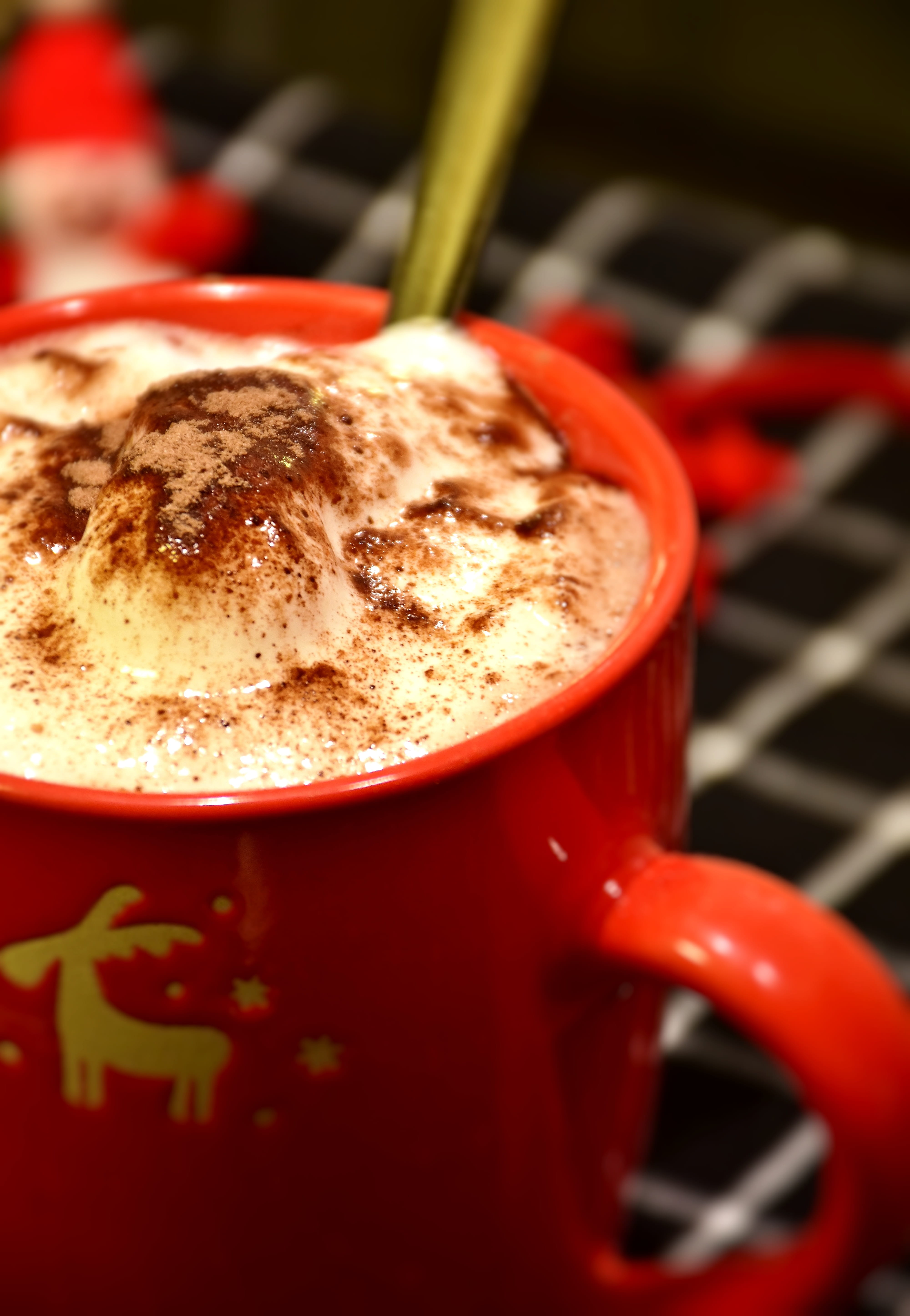 closeup, focus on foreground, freshness, hot, red, saucer, spoon, sweet, cocoa trunk, tasty, indoors, cup of cocoa, food photography, non-alcoholic beverage, Phone HD Wallpaper