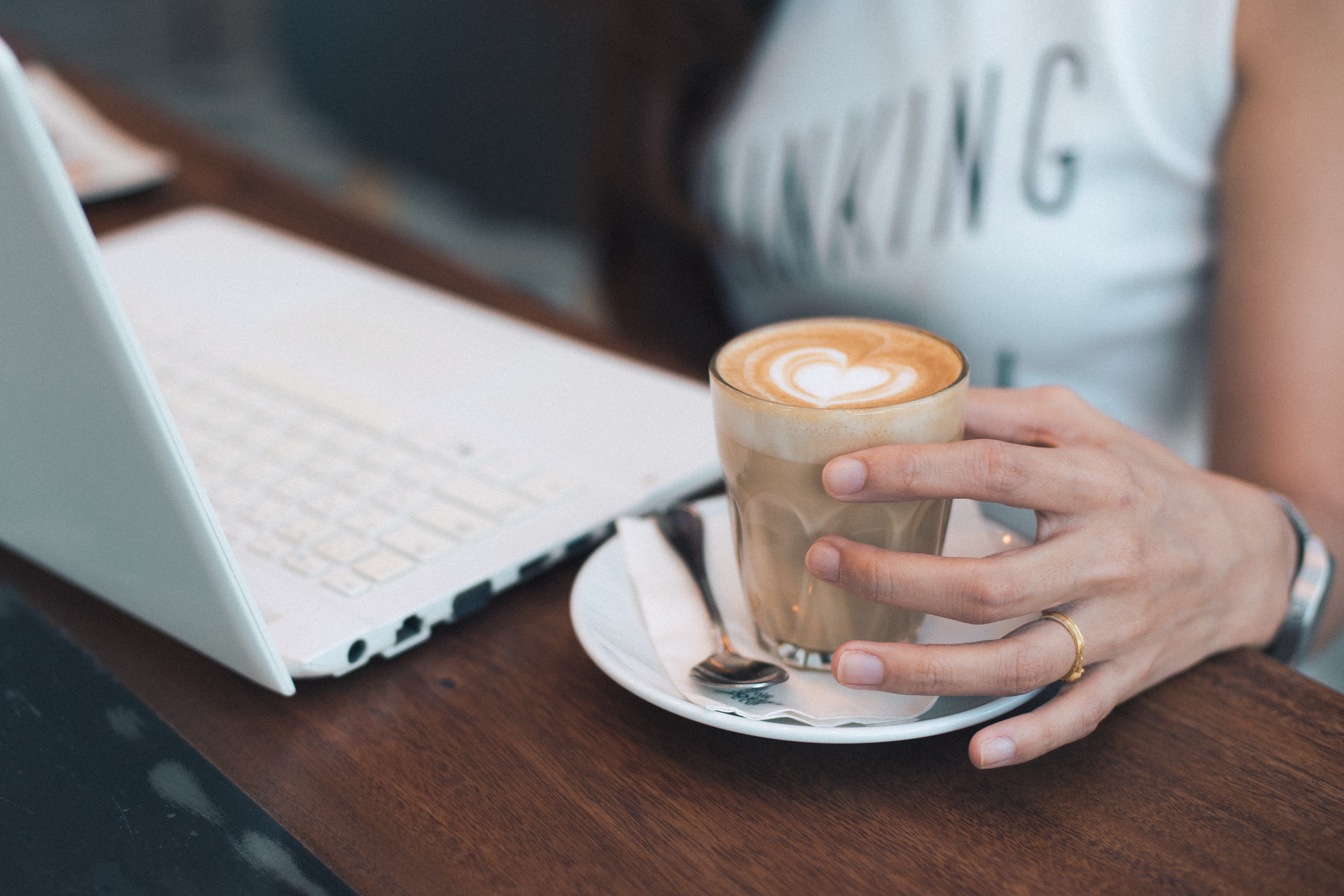mug, coffee, coffee - drink, person, ring, human body part, communication, glass, white, computer, drinking, beside, technology, office, business, laptop, HD Wallpaper