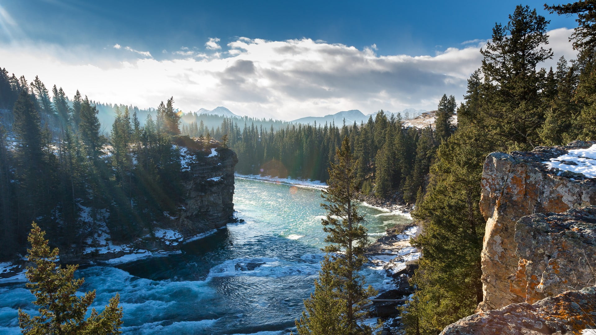 tranquil scene, water, leafed, river, non-urban scene, clouds, 1080P, Canada, sky, pine trees, ice, flowing water, rock, solid, tranquility, green, idyllic, HD Wallpaper