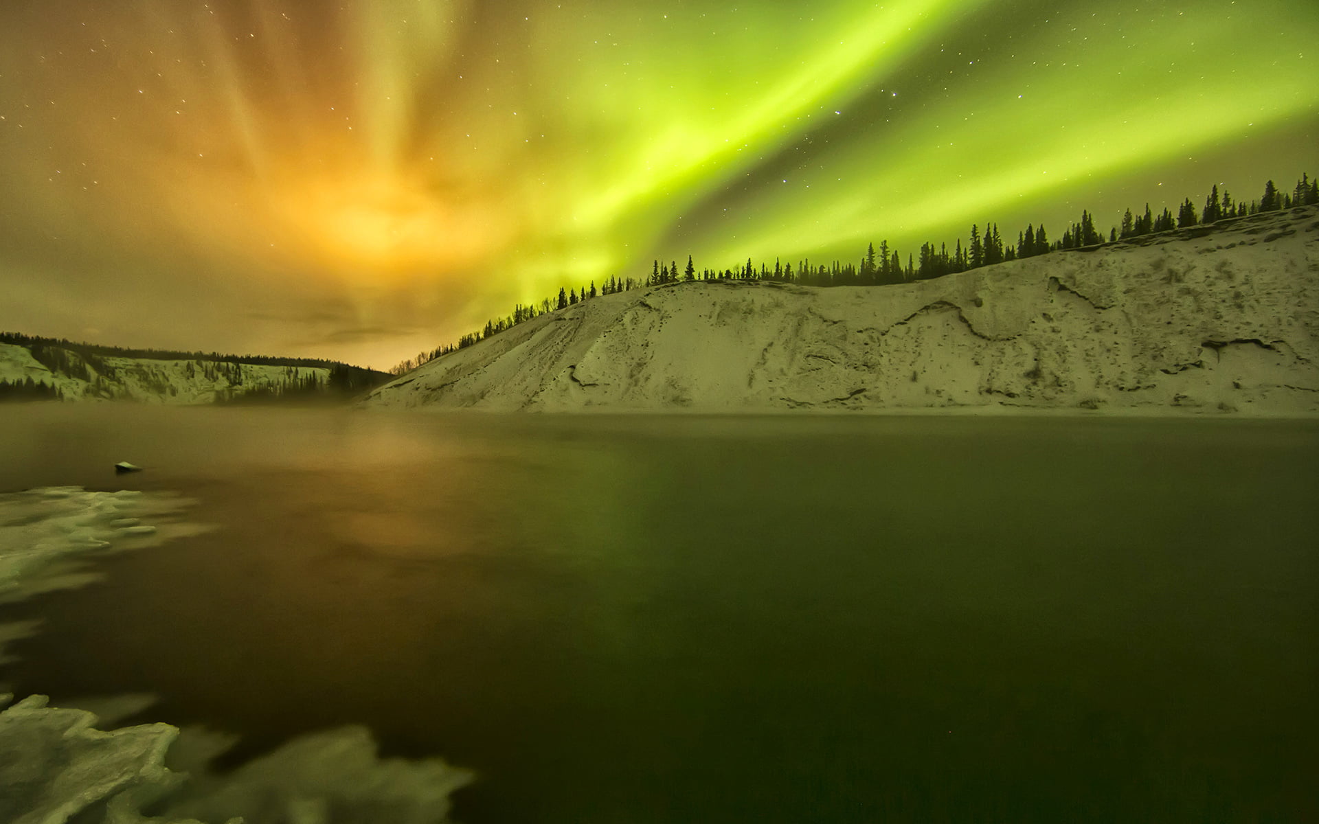 lake, 1080P, winter, Northern lights, Yukon, Alaska, glow, snow, USA, HD Wallpaper