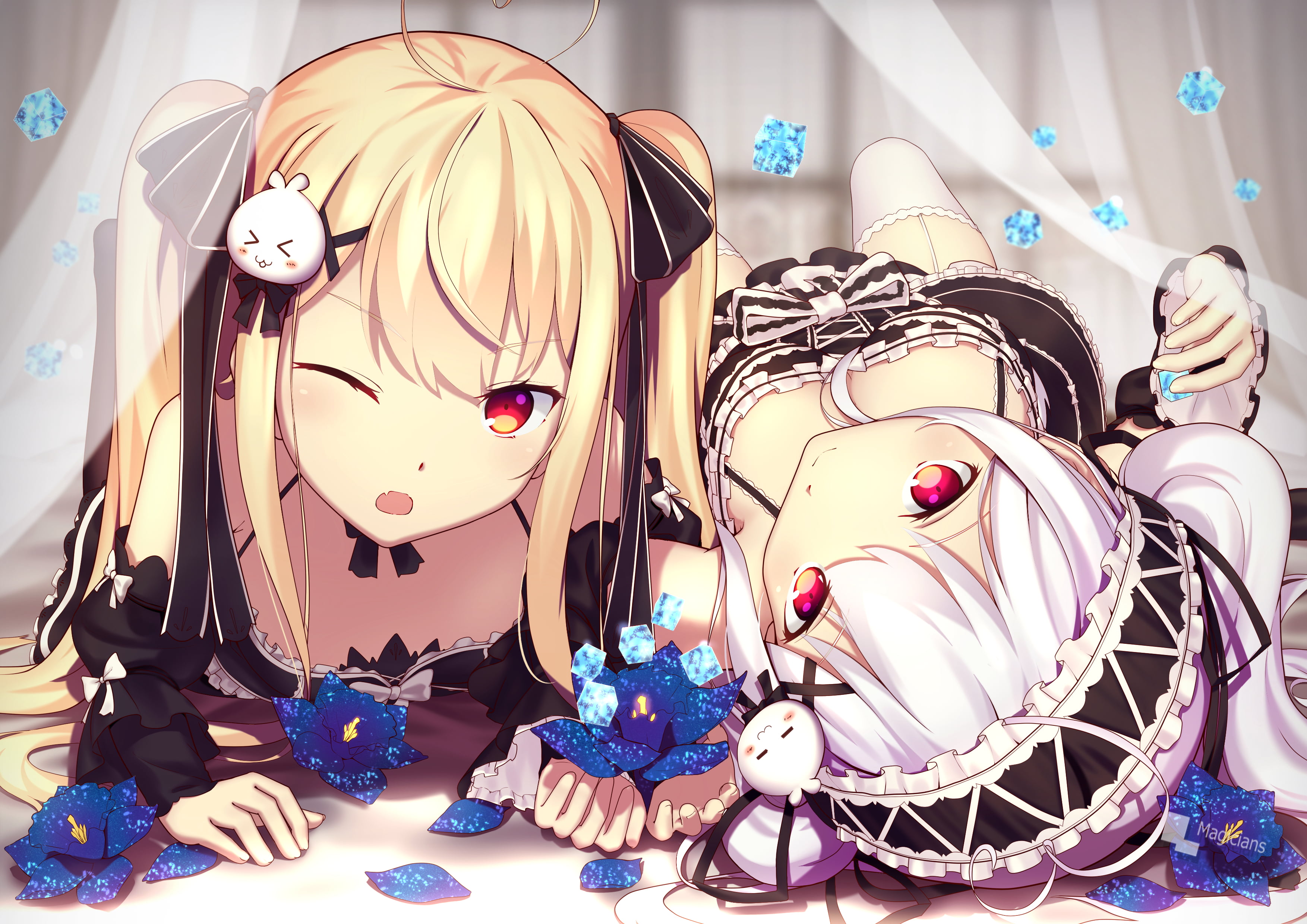 wink, 2K, twintails, blonde, long hair, petals, stockings, ribbon, Tokisaki Asaba, red eyes, white hair, HD Wallpaper