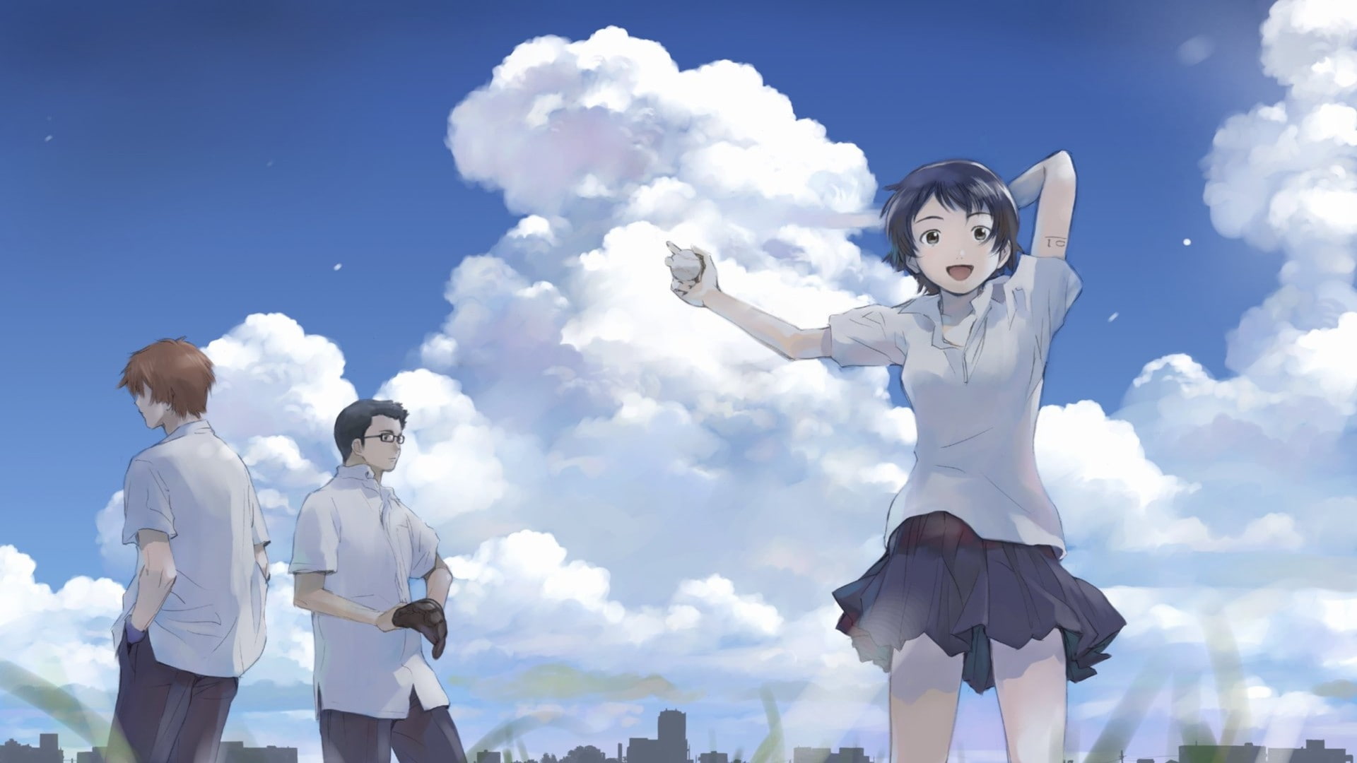 digital composite, women, blue, front view, sky, adult, outdoors, manga, standing, cloud - sky, nature, people, young adult, real people, human arm, uniform, HD Wallpaper