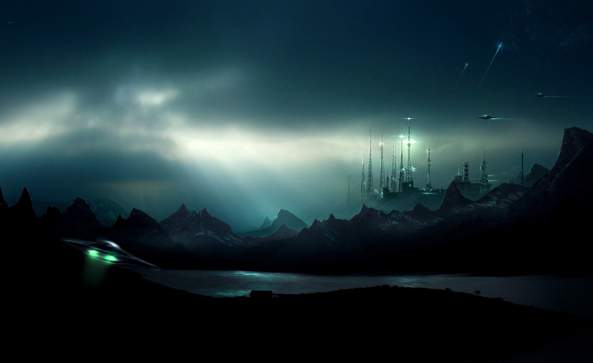 travel destinations, Vehicle, no people, sea, Sci Fi, tranquil scene, silhouette, scenics - nature, nature, Futuristic, Spaceport, night, sky, water, Spaceship, HD Wallpaper
