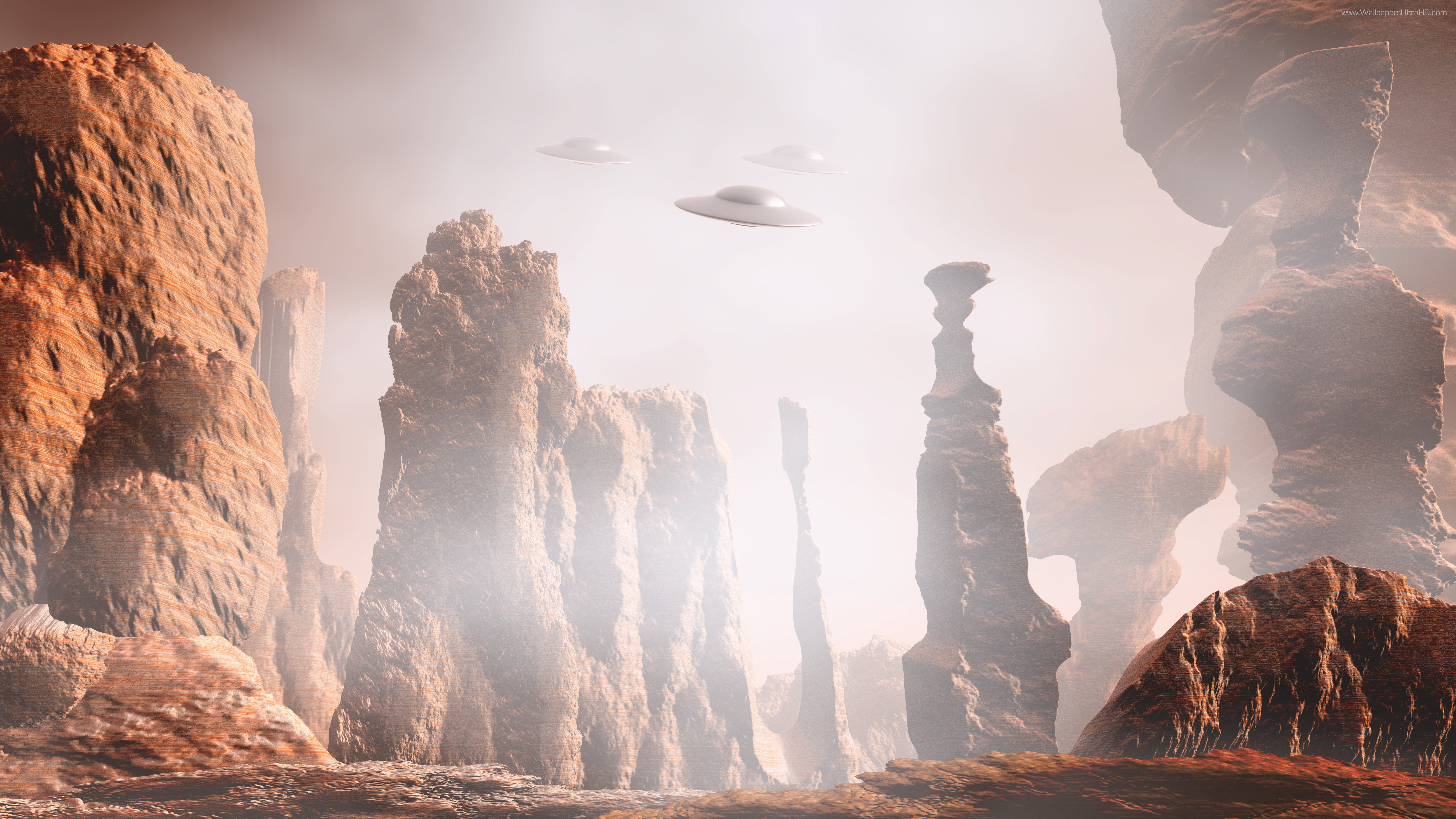 8K, solid, environment, day, land, rock - object, ufo, digital composite, sky, rock formation, sunlight, tranquility, no people, travel destinations, tranquil scene, HD Wallpaper
