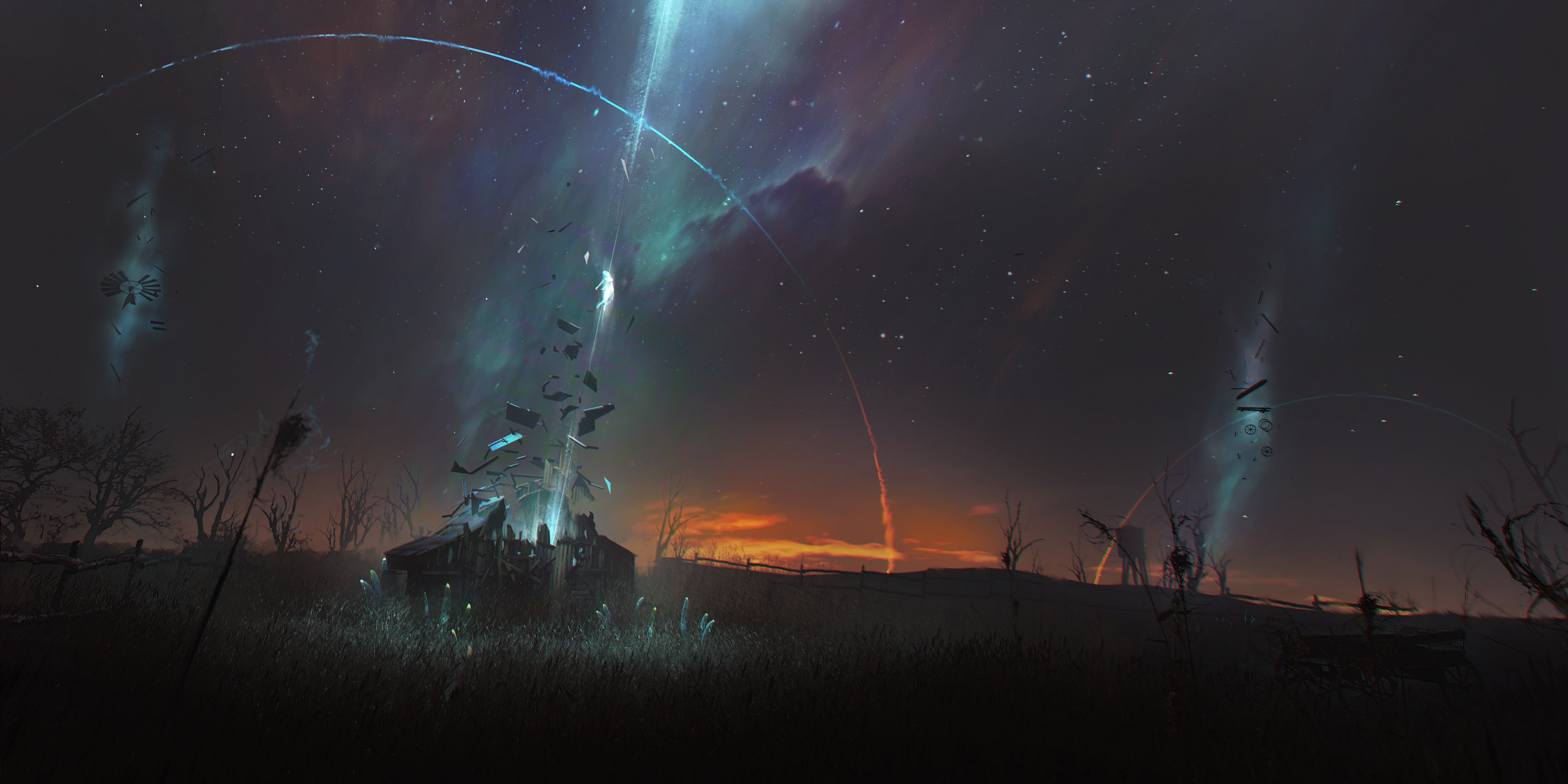 4K, alien abduction, aurorae, windmill, sunset, space, field, David Metzger, digital art, stars, fantasy art, HD Wallpaper