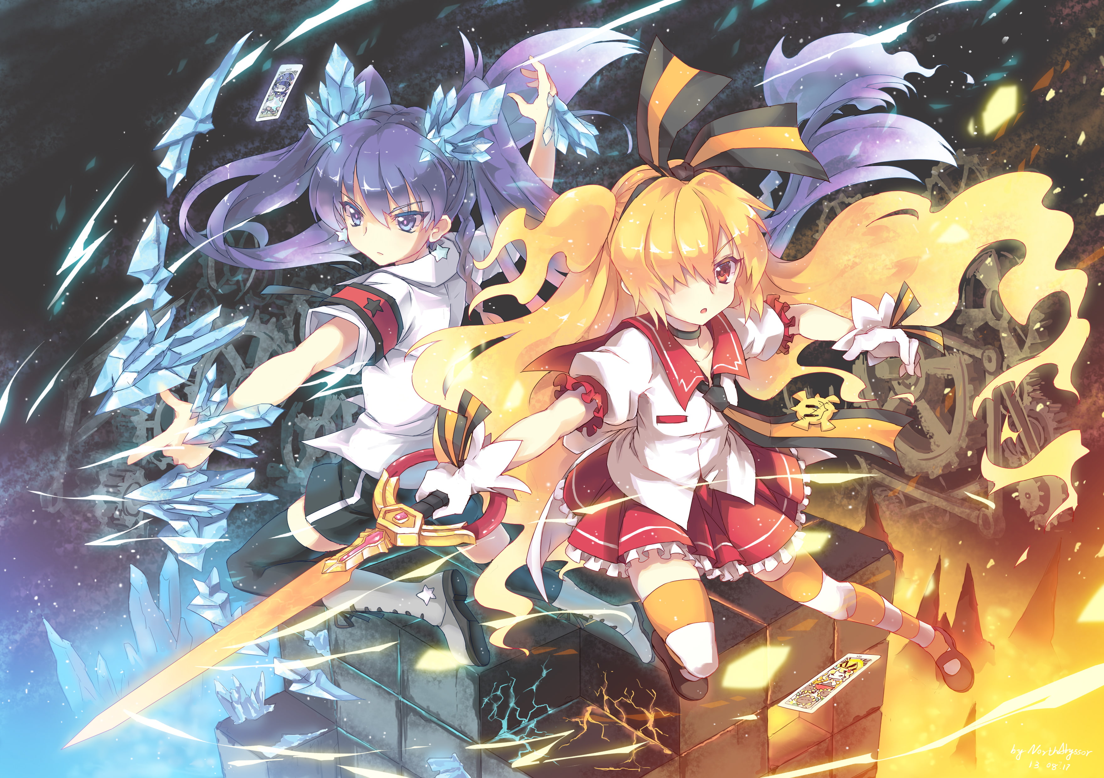 long, kakeru, blonde, ribbons, red, tie, 2K, genei, hair, weapon, kneehighs, abyssor, akari, eyes, purple, sword, boots, seifuku, north, thighhighs, taiyou, HD Wallpaper