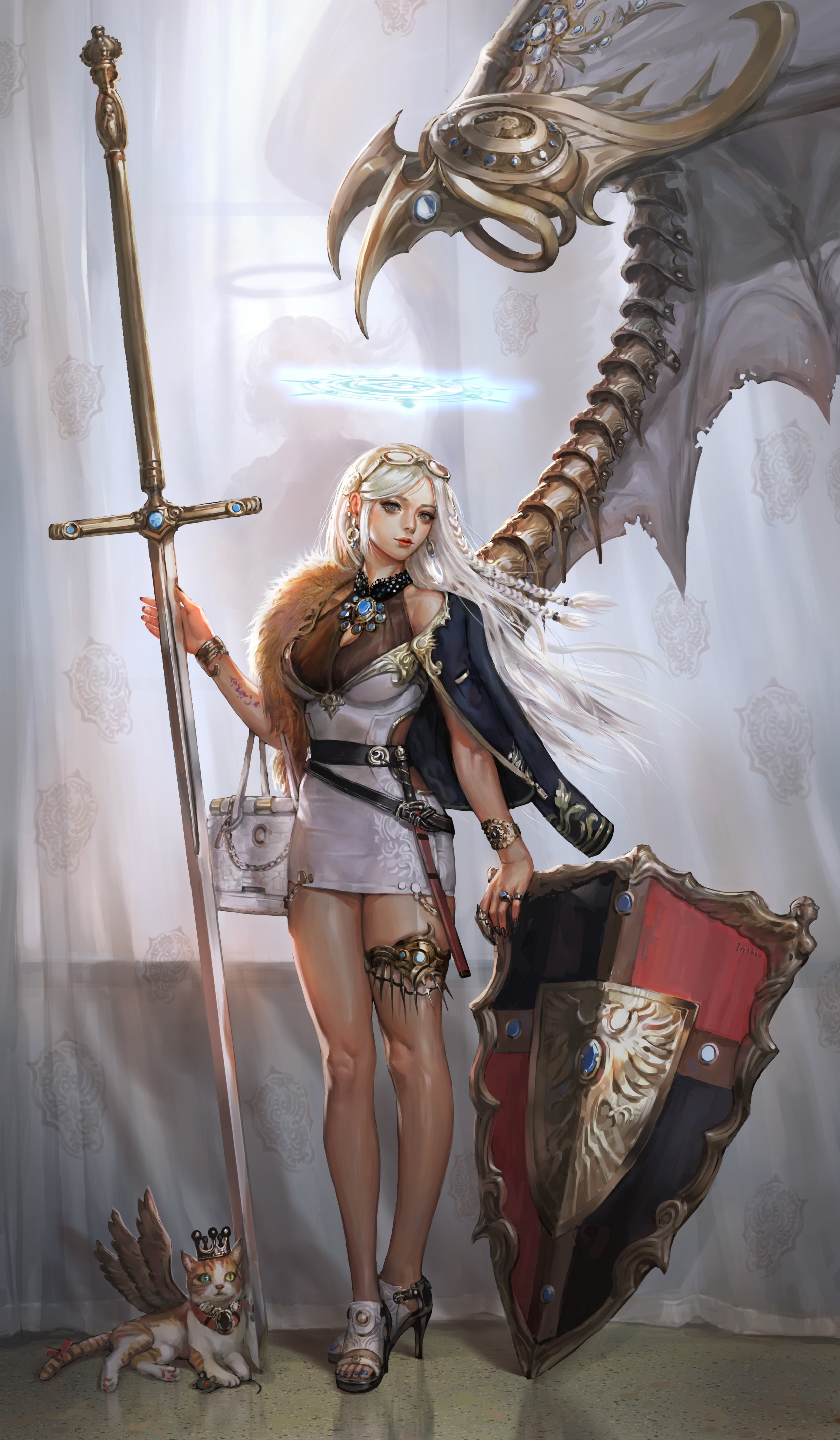 crown, 4K, medieval, cat, digital art, women, shield, high heels, warrior, blonde, legs, sword, handbags, fantasy girl, Phone HD Wallpaper