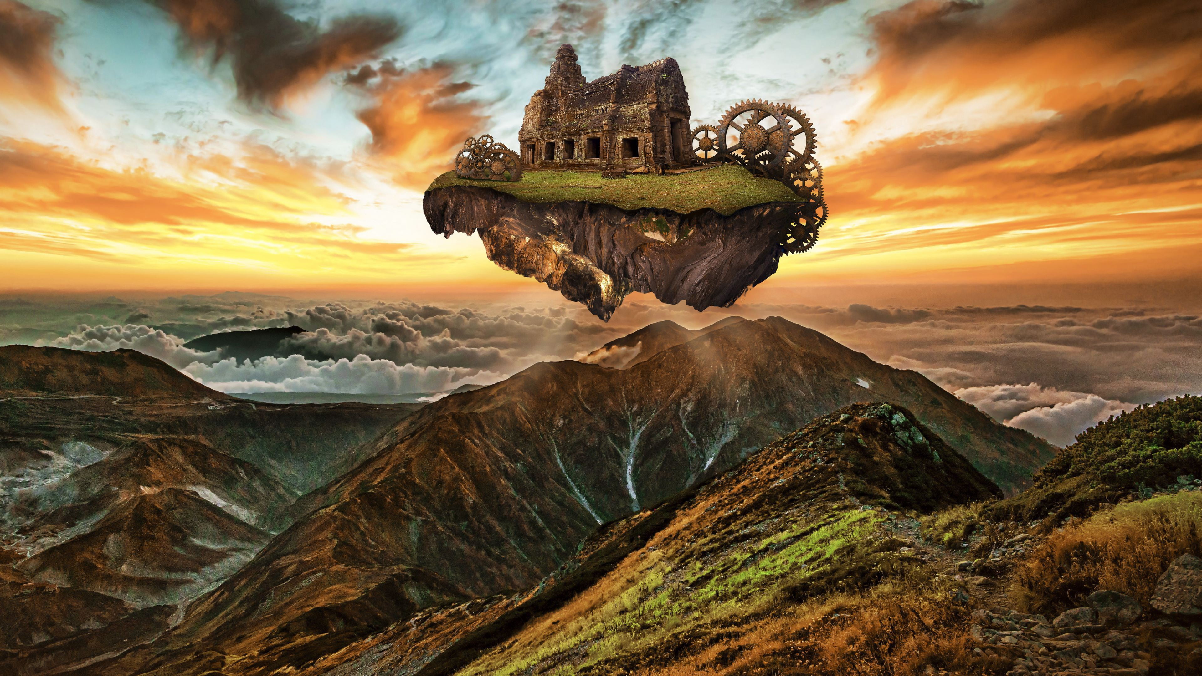 old house, floating island, fantastic landscape, sky, 4K, allegory, the ruins, mountains, clouds, gears, ruins, beauty, space, gear, the sky, HD Wallpaper