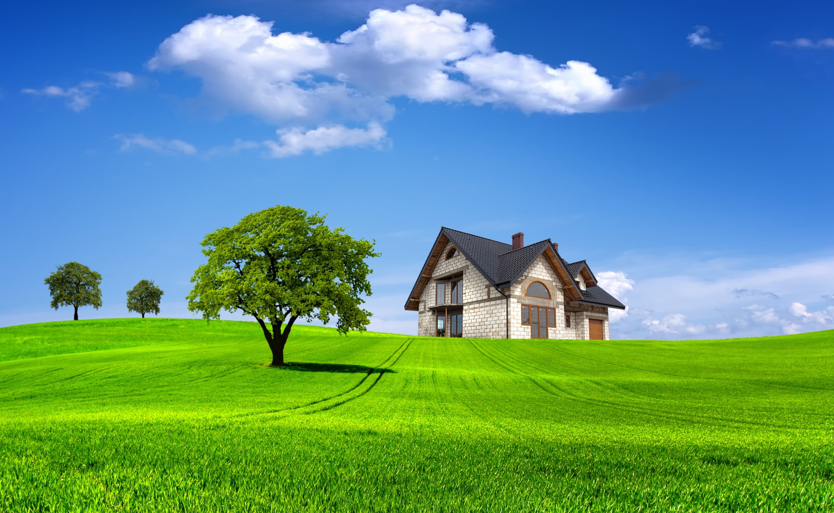 sky, white, House, rural scene, Hill, landscape, land, 2K, outdoors, blue, scenics - nature, building exterior, built structure, beauty in nature, farm, HD Wallpaper