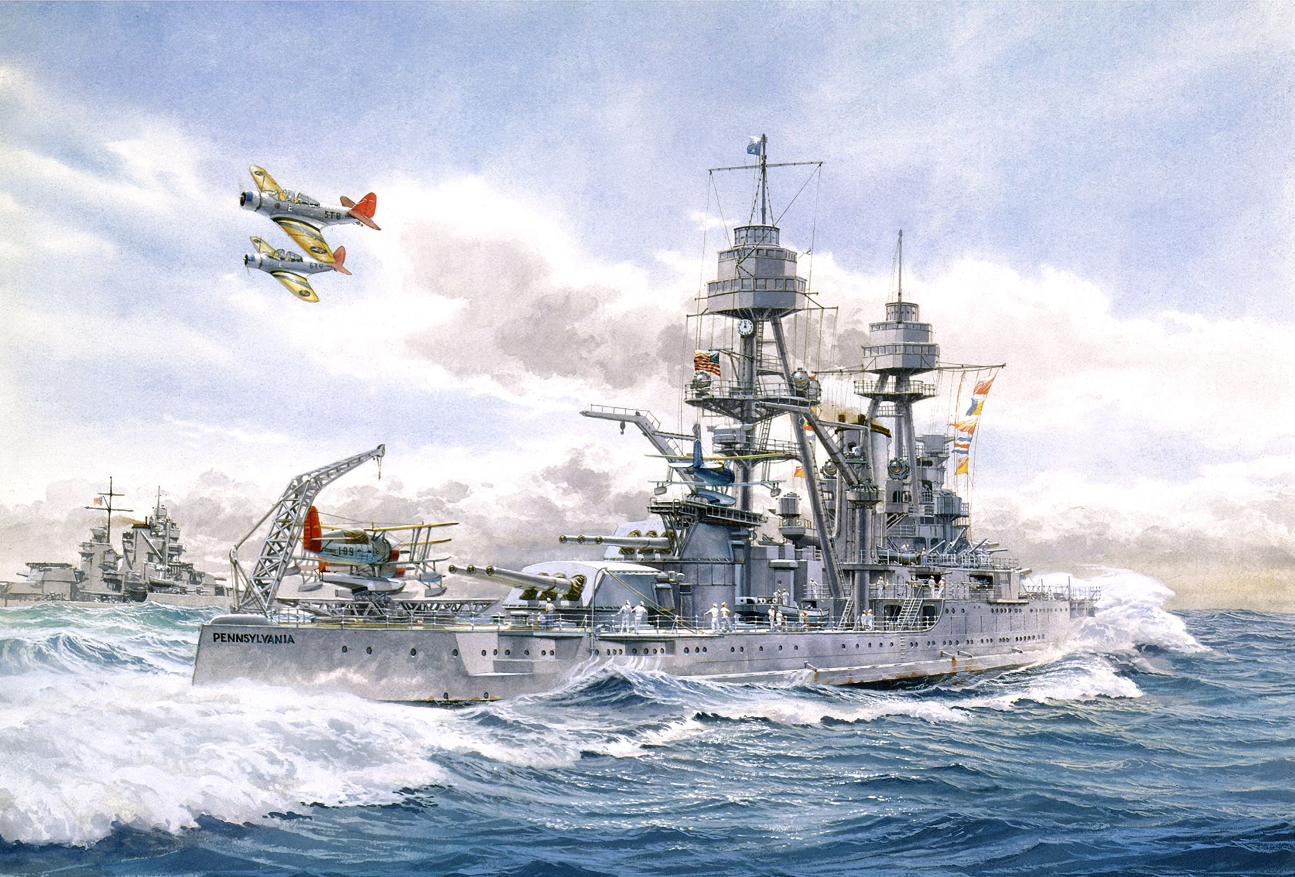 wave, the sky, sea, aircraft, andquot;PAandquot;, 2K, U.S., battleship, ships, The second world war., illustration, gray, HD Wallpaper