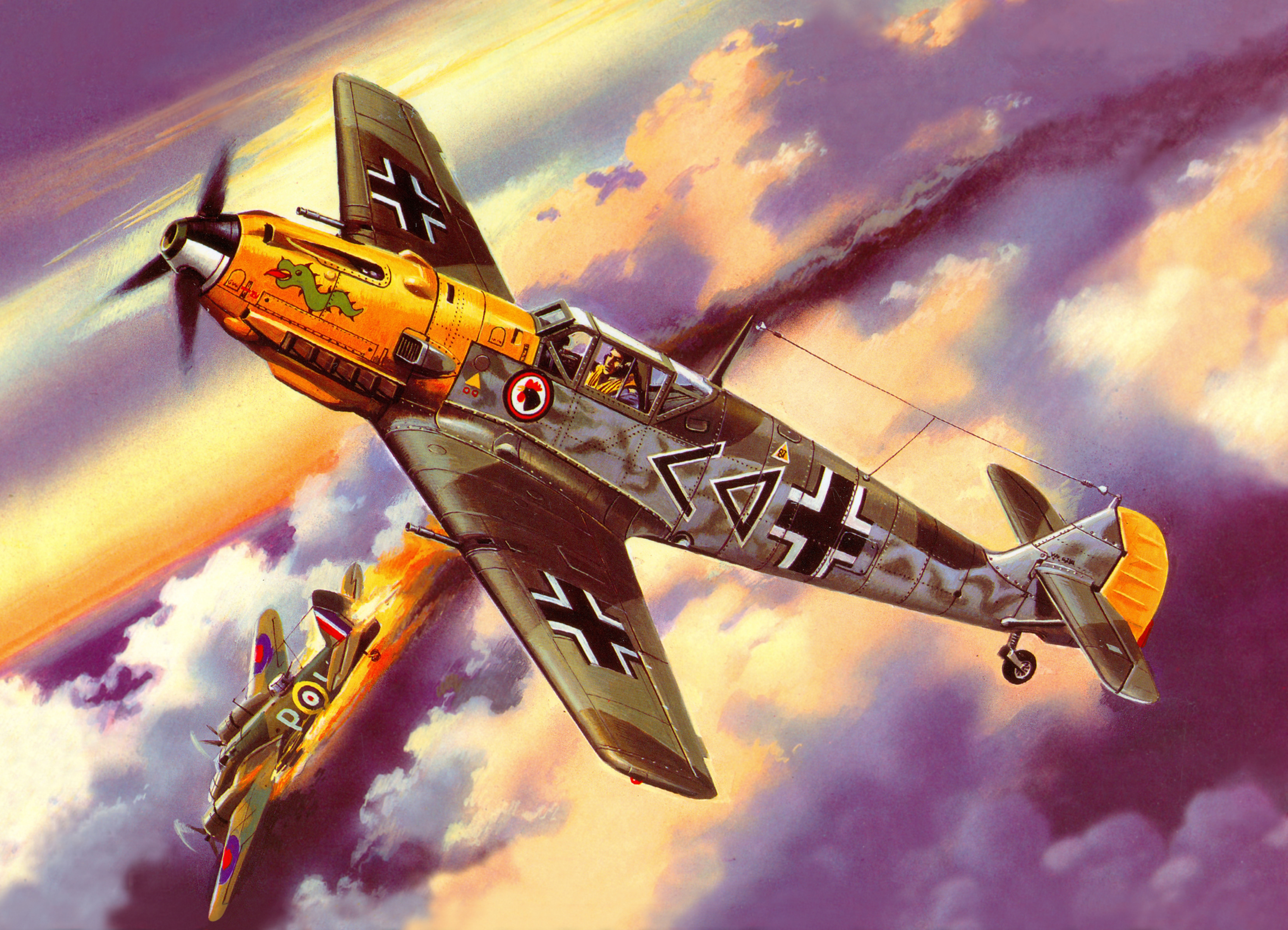 fighter, German, WW2, figure, English bomber, andquot;Blenheimandquot;, Bf - 109E - 4, dogfight, 5K, downed, art, clouds, Bristol, the sky, HD Wallpaper