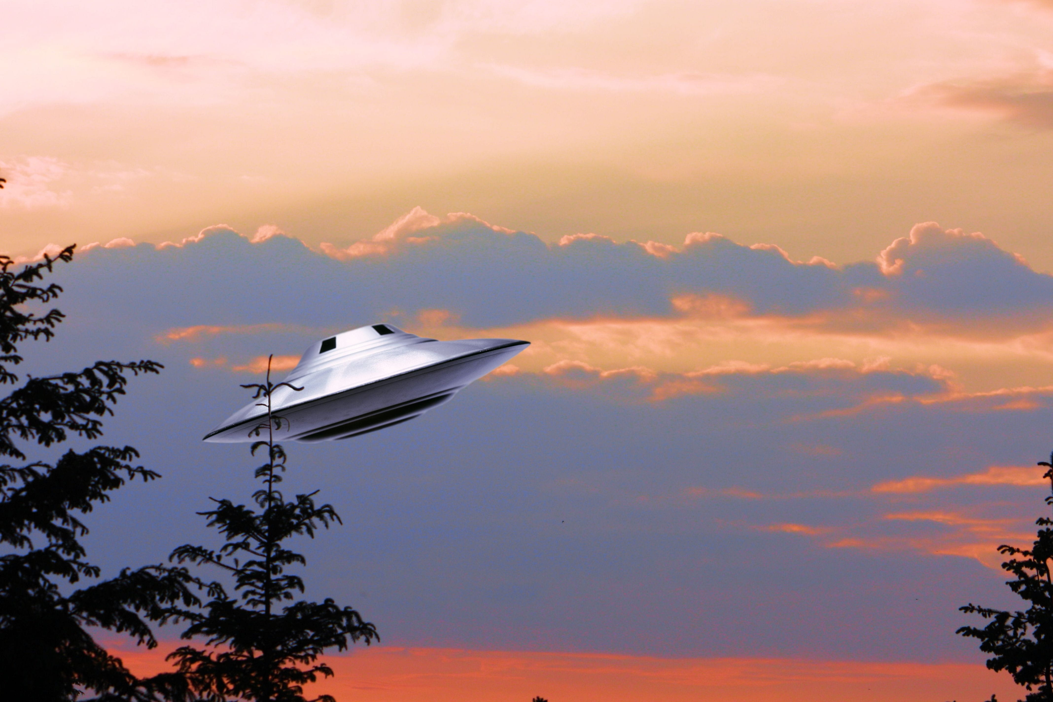 cloud - sky, Alien, blue, sea, transportation, nautical Vessel, spaceship, airplane, flying, travel, sunset, outdoors, Sky, beauty in nature, air vehicle, HD Wallpaper