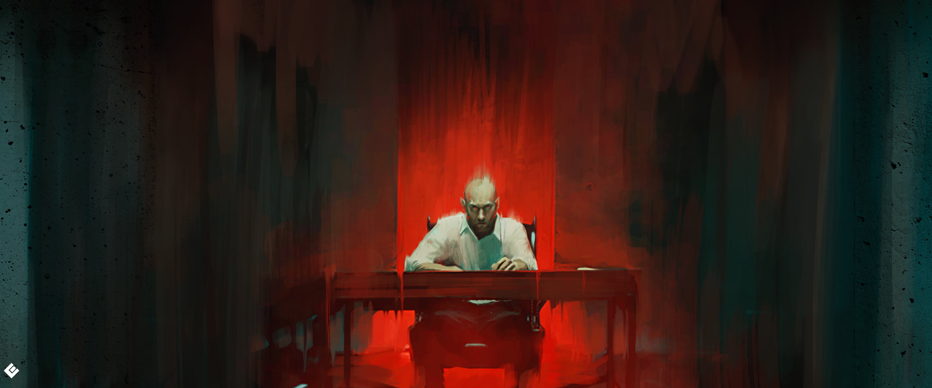 drawing, artwork, pointed ears, 2K, ArtStation, Col Price, demon, Devil, table, digital art, sitting, HD Wallpaper