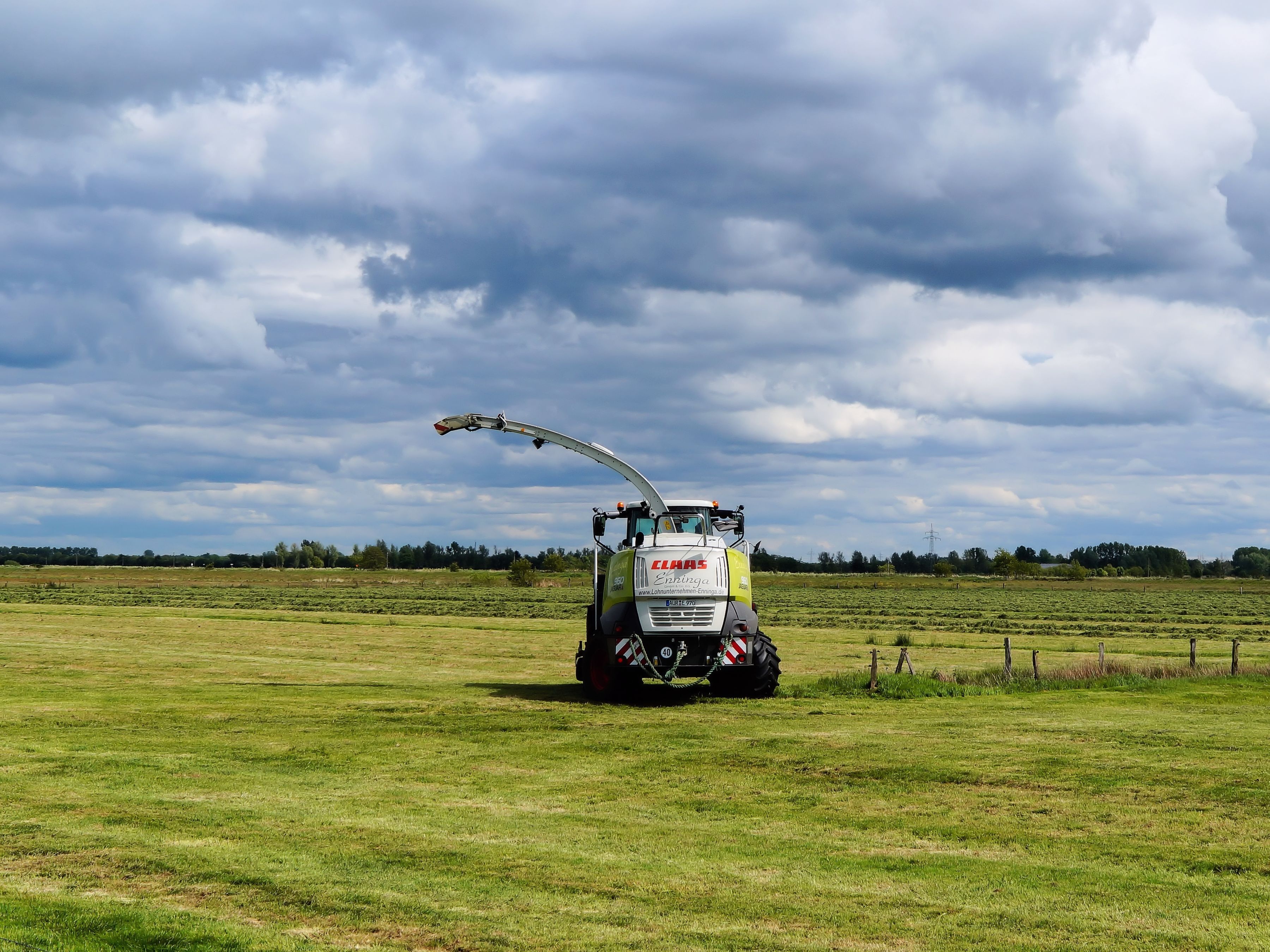 agricultural machinery, hurry, clouds, rural scene, landscape, silo, green color, 2K, land vehicle, outdoors, agriculture, summer, plant, mode of transportation, HD Wallpaper