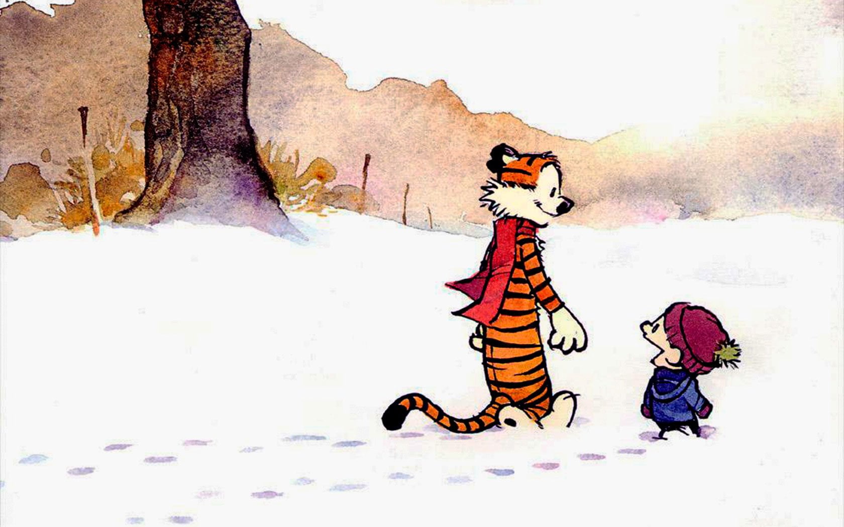 walking, child, multi colored, tiger, land, nature, clothing, snow, winter, representation, butterfly - insect, beside, cold temperature, Calvin and Hobbes, HD Wallpaper