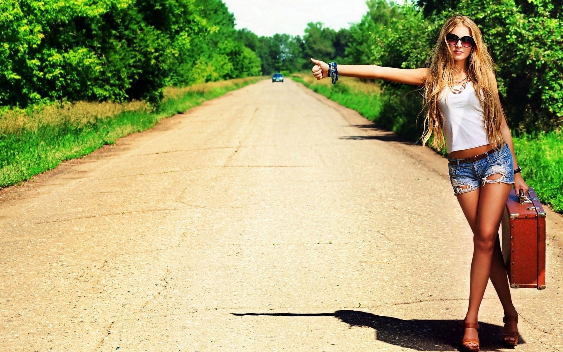 women, daisy, Want, Hitchhiking, tank, dukes, top, outfit, 1080P, s, Girl, white, blue, HD Wallpaper