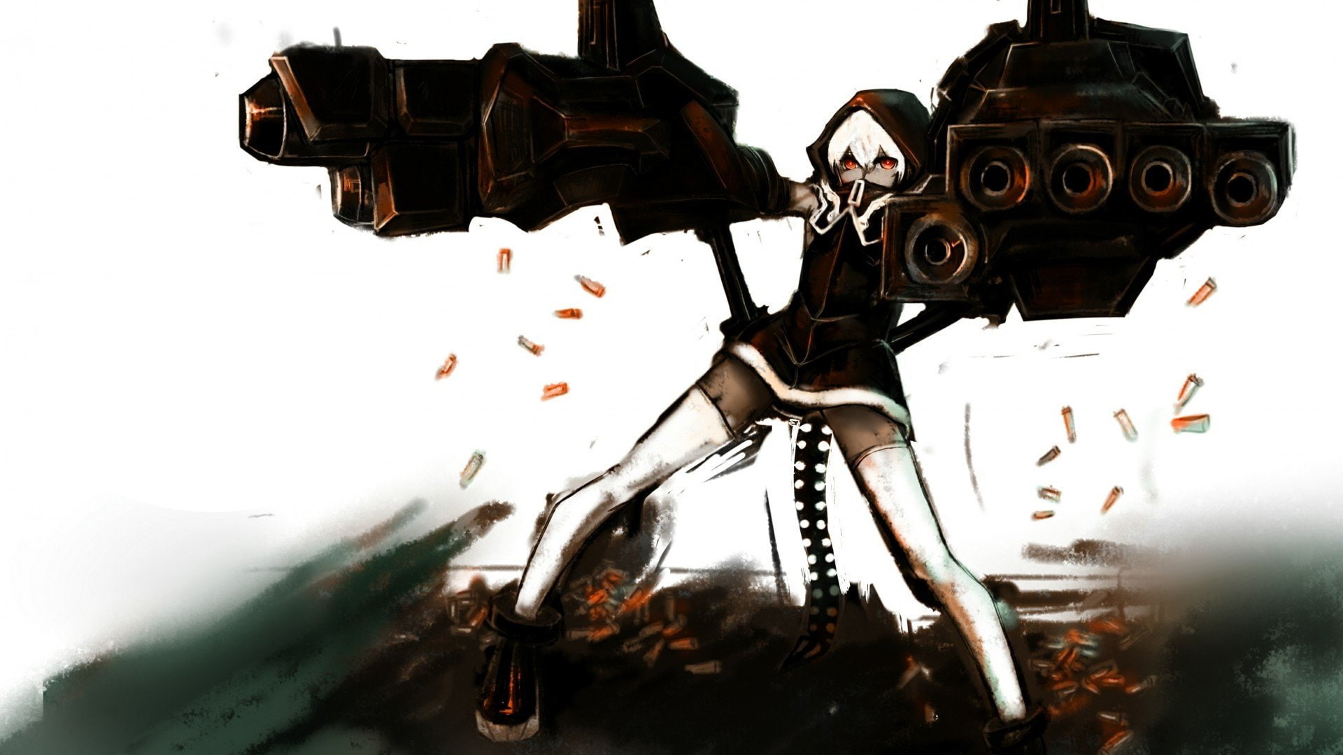 1080P, Gun, White Hair, Hoodie, Weapon, Black Rock Shooter, Strength (Black Rock Shooter), Red Eyes, Bullet, Shorts, Anime, HD Wallpaper